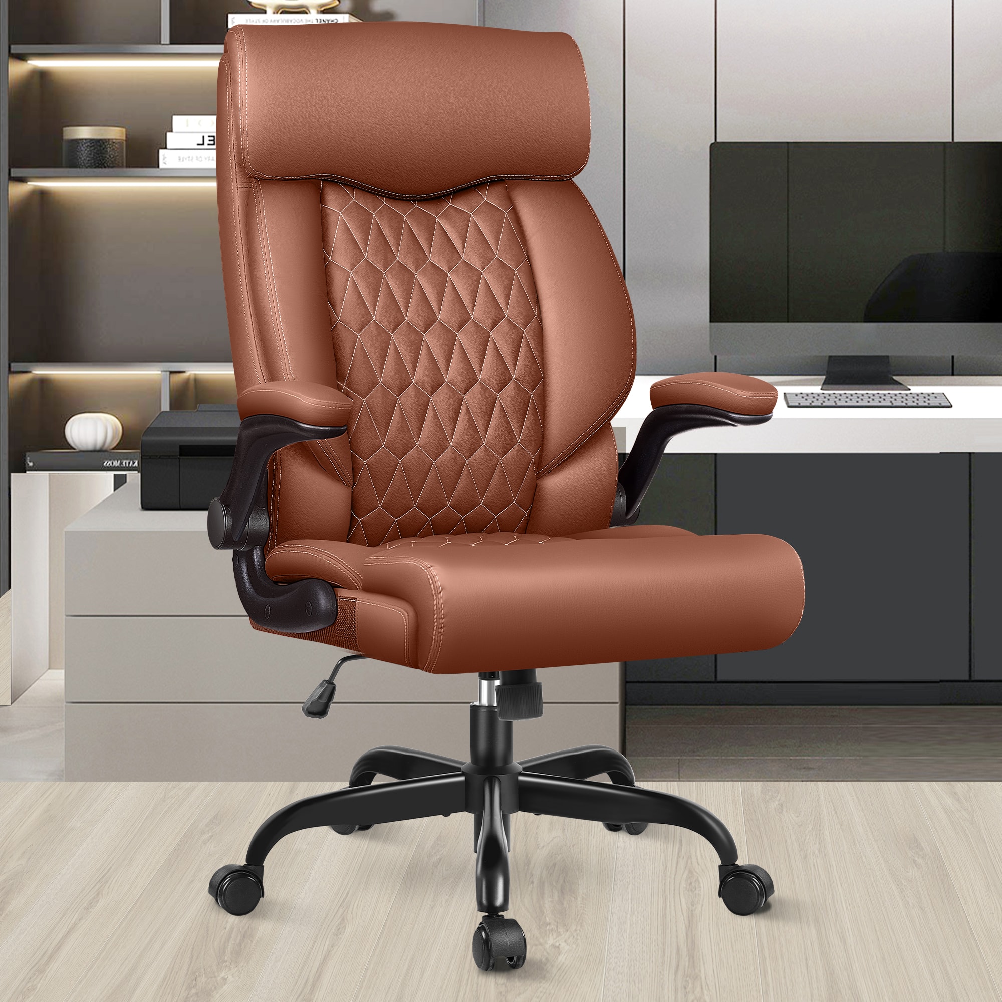 Brick Attic - High-Back Executive Office Chair , Ergonomic Leather Chair with Adjustable Lumbar Support and Flip-Up Armrests - Brown