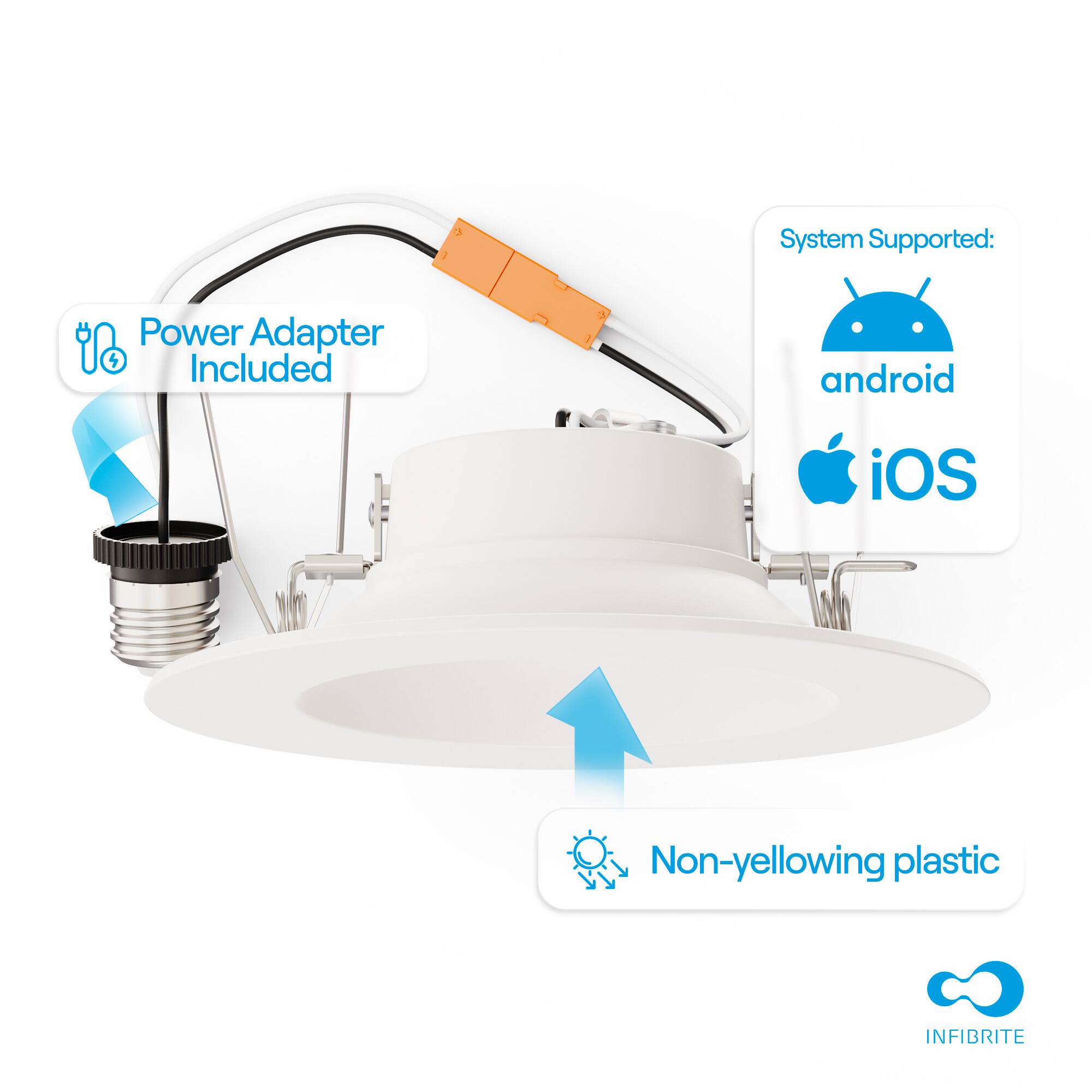 System Supported:  
- Power Adapter Included  
- android  
- iOS  
- Non-yellowing plastic  
- INFIBRITE