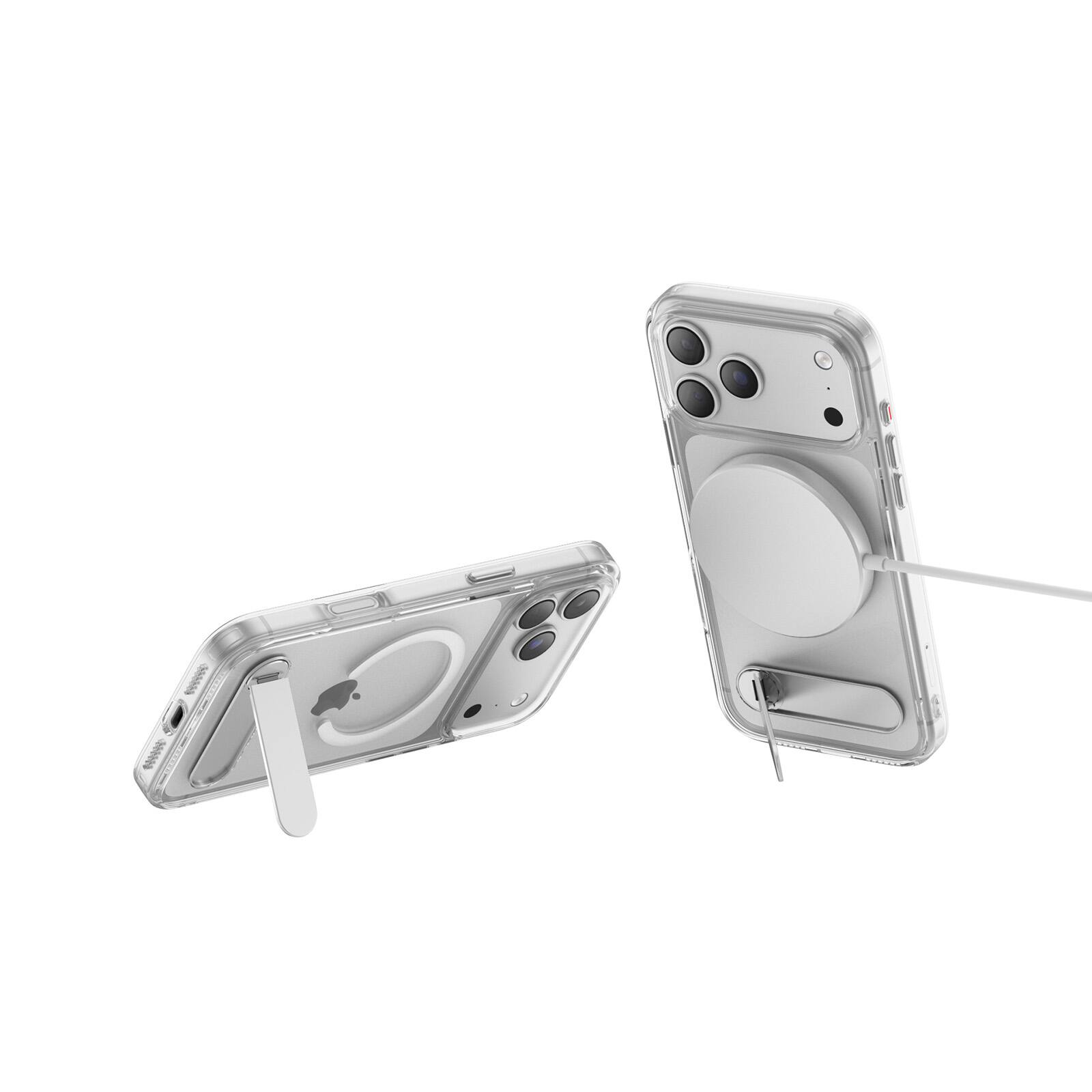 The image shows two transparent phone cases for an iPhone, one with a built-in stand.