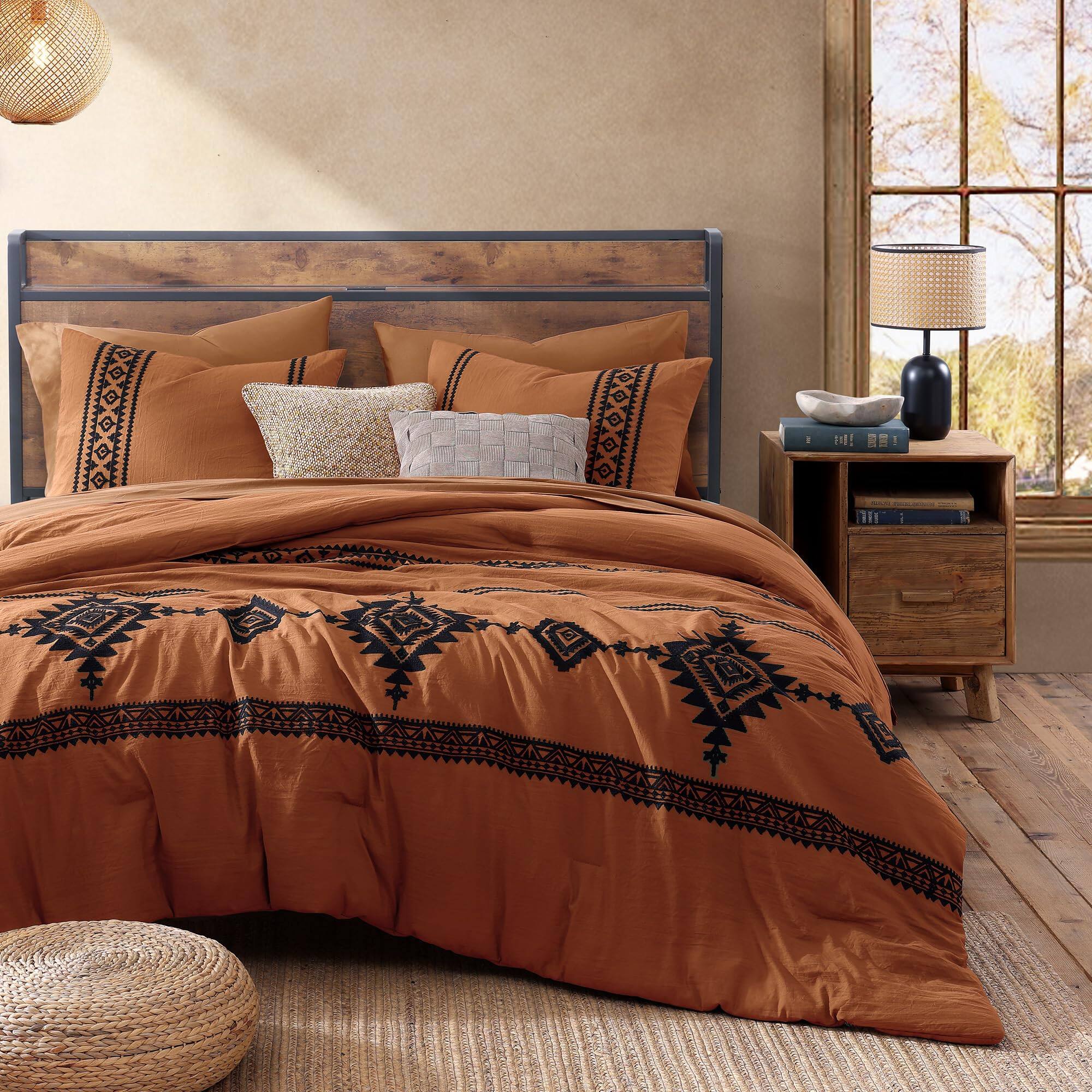 Left. PARKER SLATER - Burnt Orange Embroidery Comforters Set Queen Size - 7 Pieces Farmhouse Western Bedding All Season Bed In A Bag... - Frost White-King 7 Piece.