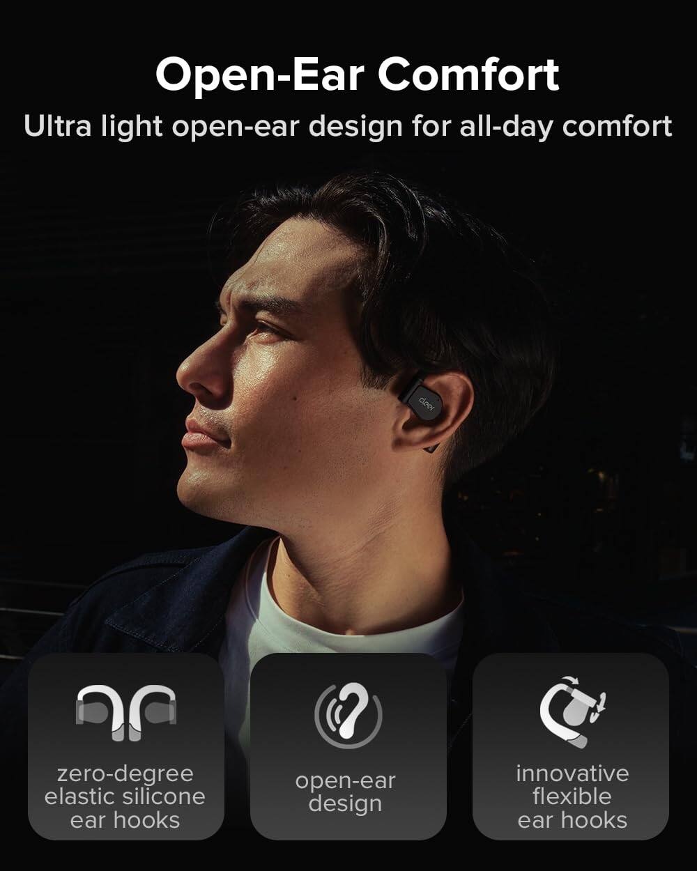 Open-Ear Comfort Ultra light open-ear design for all-day comfort
zero-degree elastic silicone ear hooks
open-ear design
innovative flexible ear hooks