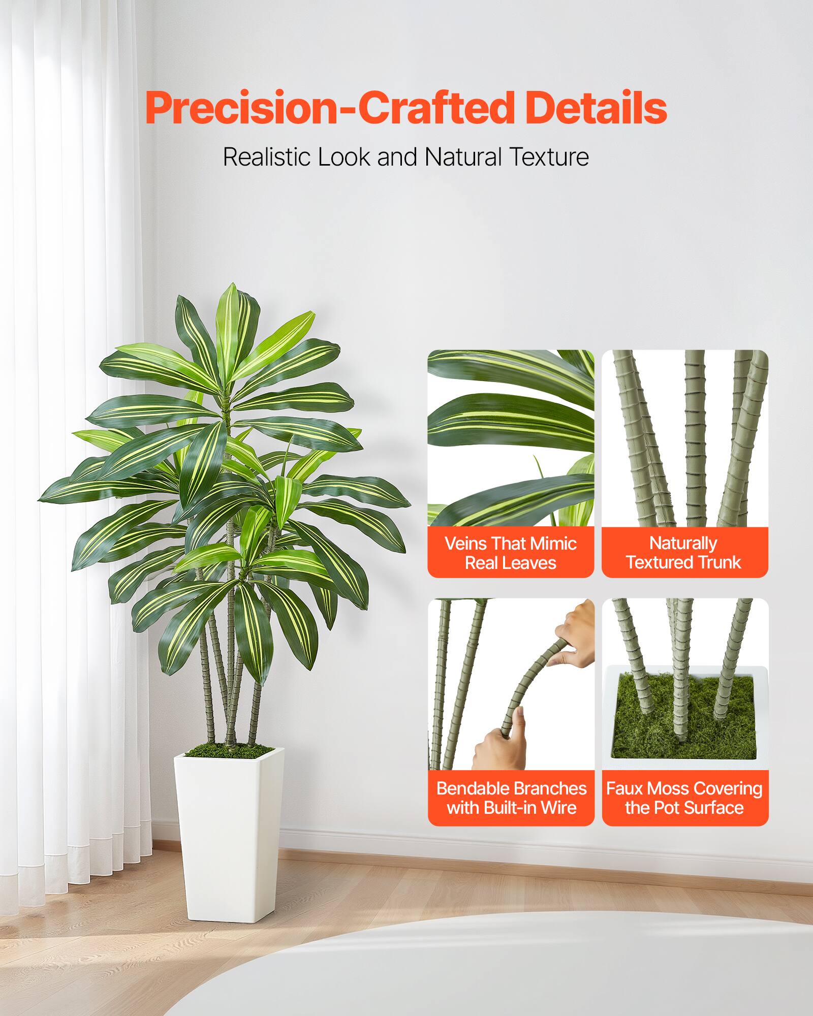 Precision-Crafted Details  
Realistic Look and Natural Texture  

Veins That Mimic Real Leaves  
Naturally Textured Trunk  
Bendable Branches with Built-in Wire  
Faux Moss Covering the Pot Surface