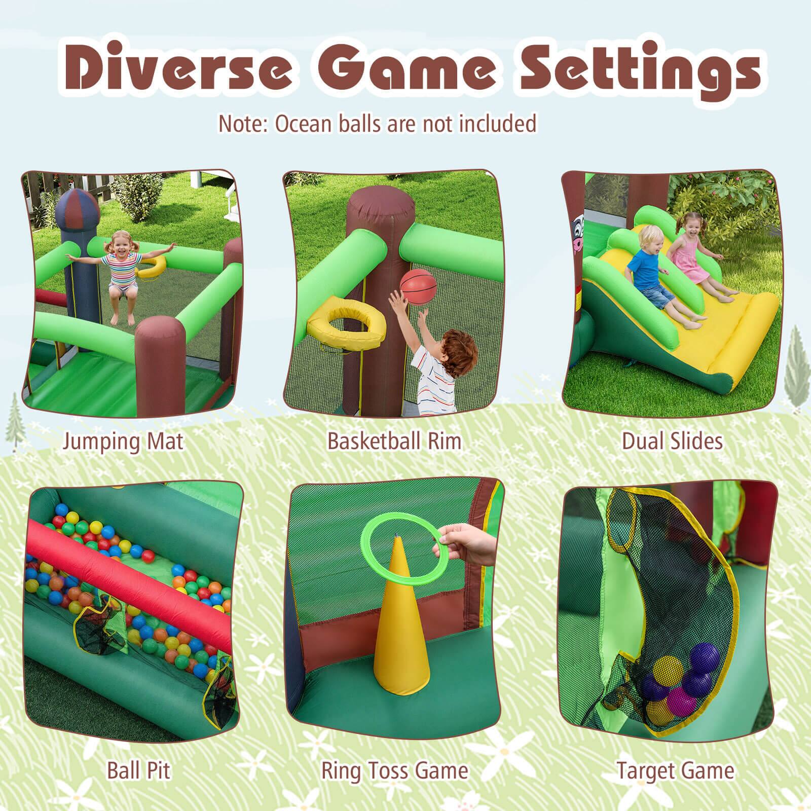 Diverse Game Settings  
Note: Ocean balls are not included  

- Jumping Mat  
- Basketball Rim  
- Dual Slides  
- Ball Pit  
- Ring Toss Game  
- Target Game