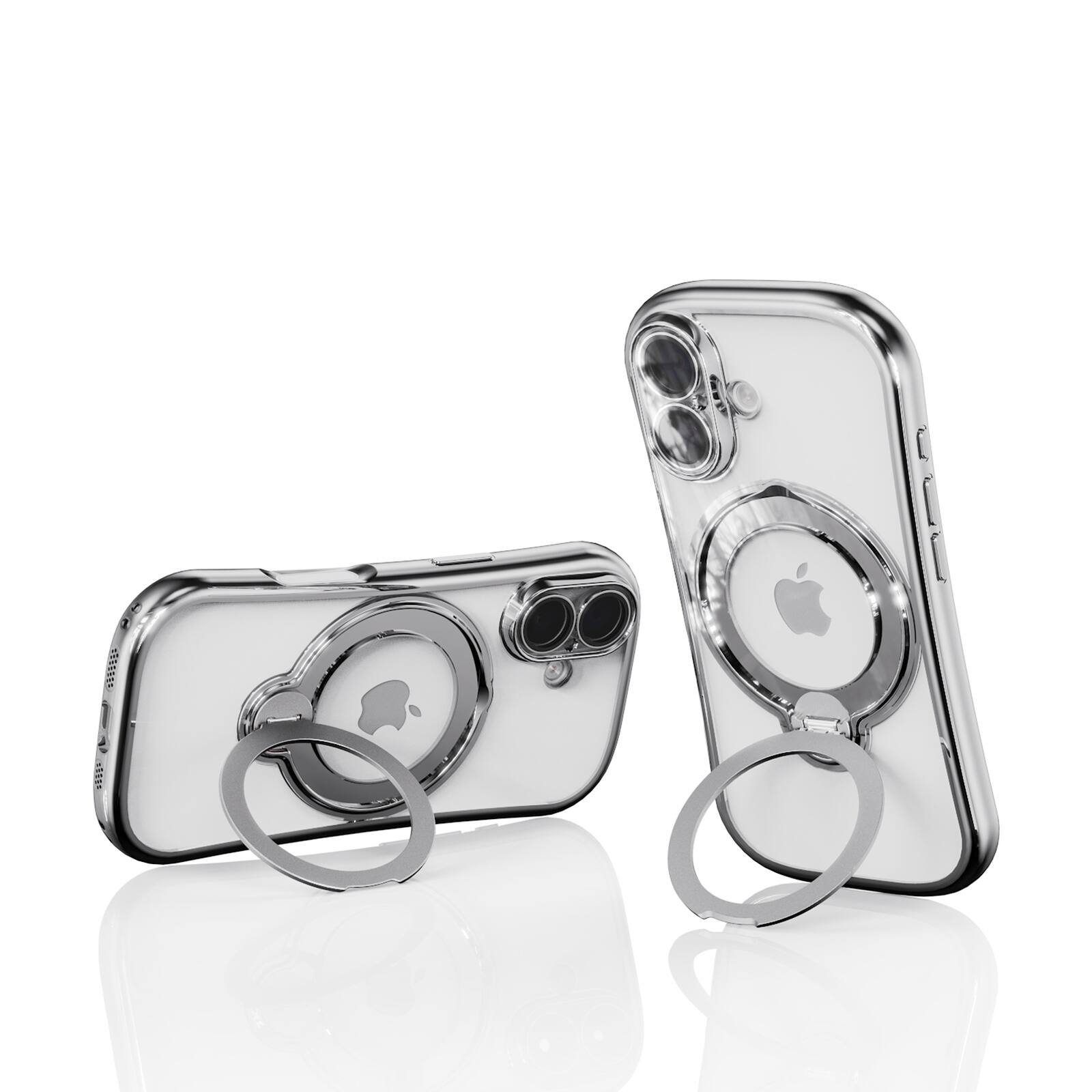Back. Dteck - Magnetic Case for Apple iPhone 17 with 360 Ring Stand and Strap, Shockproof TPU Protective Cover Built-in Lens Protector - Silver.