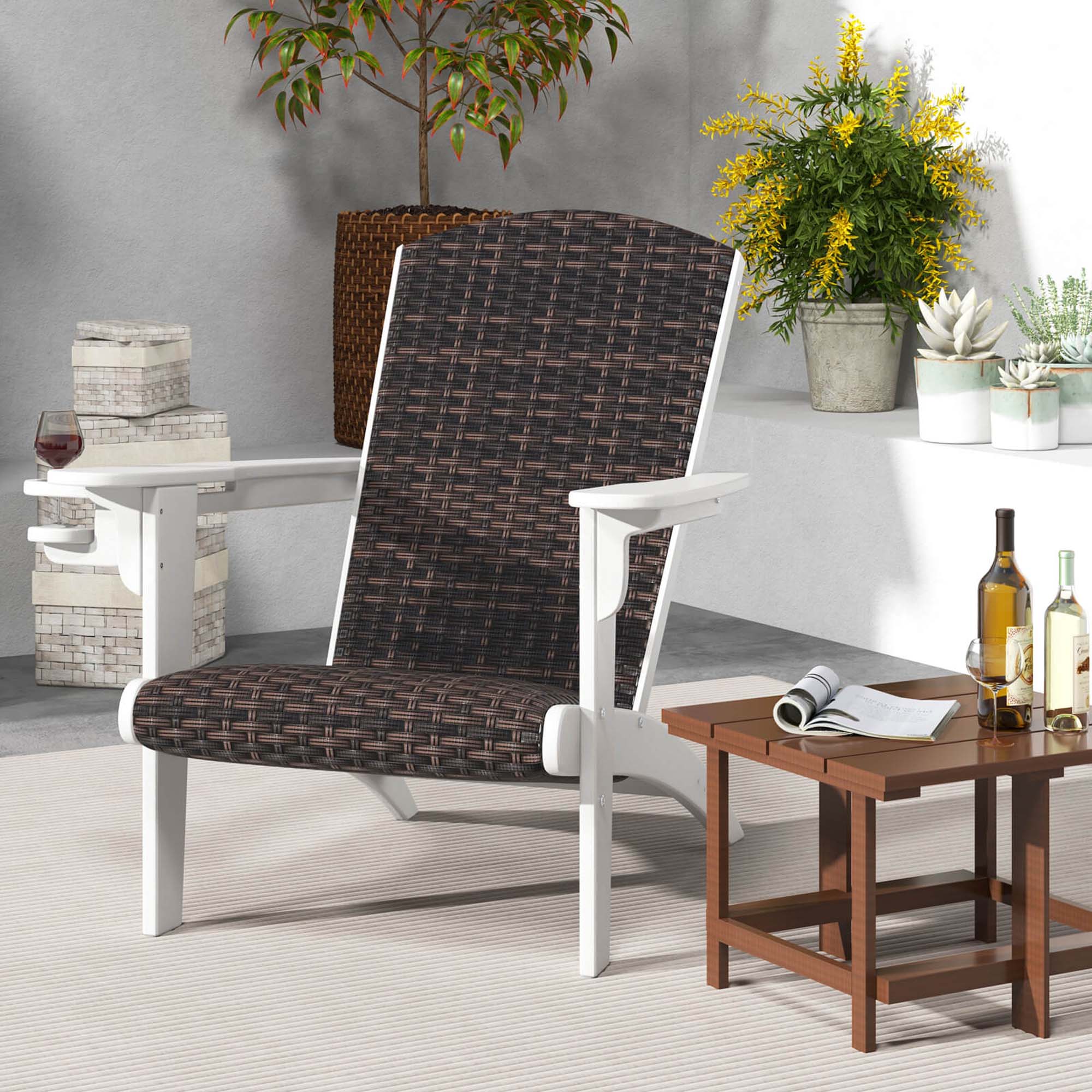 Alt View 1. Costway - Costway Patio Adirondack Chair with Rattan Padded Seat Wide Armrests & Hidden Cupholder - White.