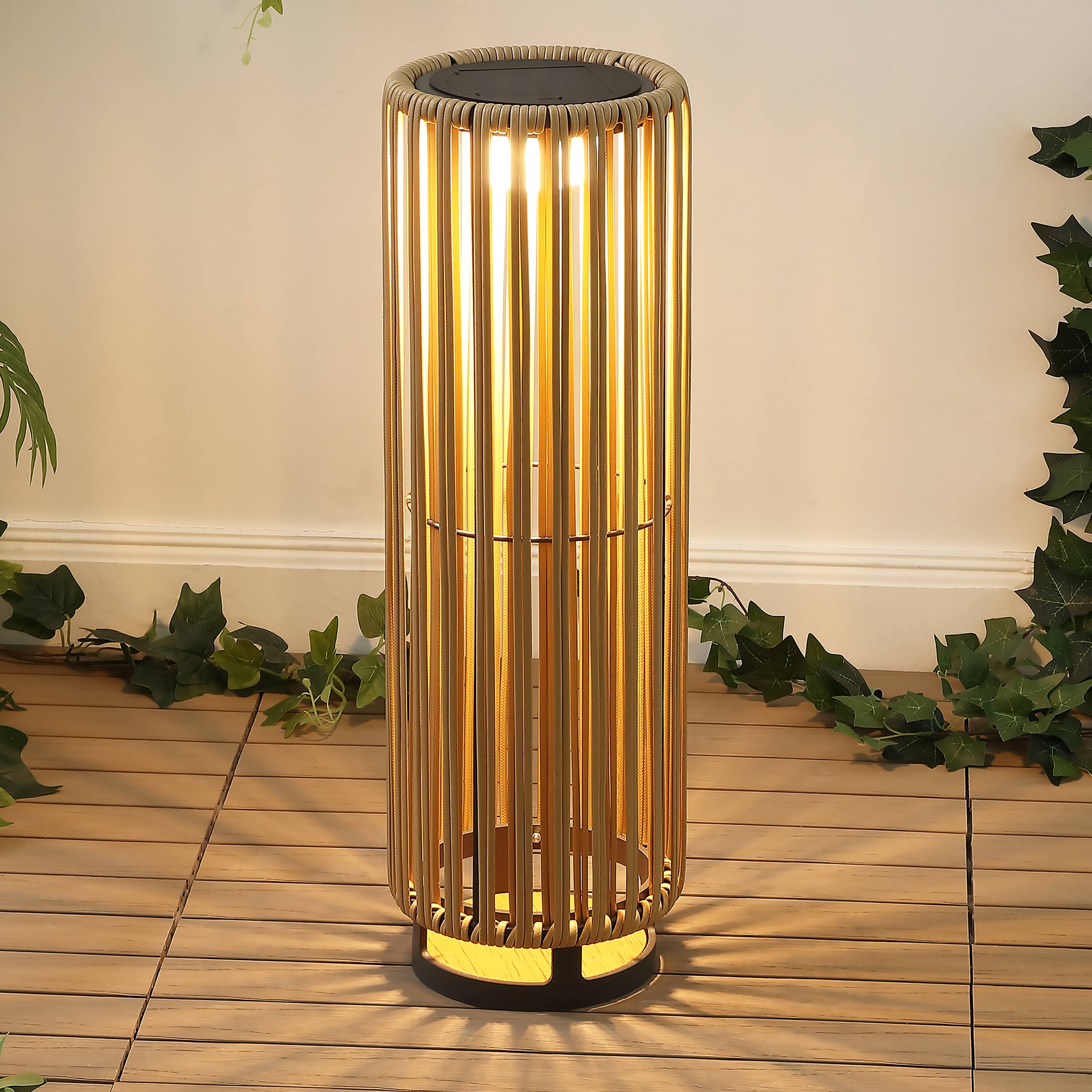 Alt View 1. Jonathan Y - Sawara 26.75" Modern Minimalist Faux Rattan Integrated Indoor/Outdoor LED Solar Powered Lantern, Natural - Natural.