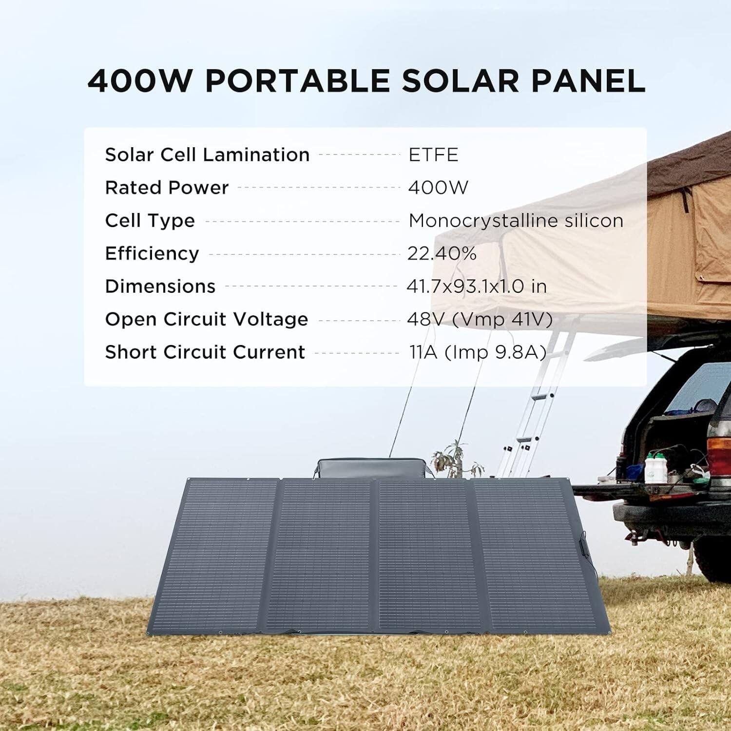 400W PORTABLE SOLAR PANEL

- Solar Cell Lamination: ETFE
- Rated Power: 400W
- Cell Type: Monocrystalline silicon
- Efficiency: 22.40%
- Dimensions: 41.7x93.1x1.0 in
- Open Circuit Voltage: 48V (Vmp 41V)
- Short Circuit Current: 11A (Imp 9.8A)
