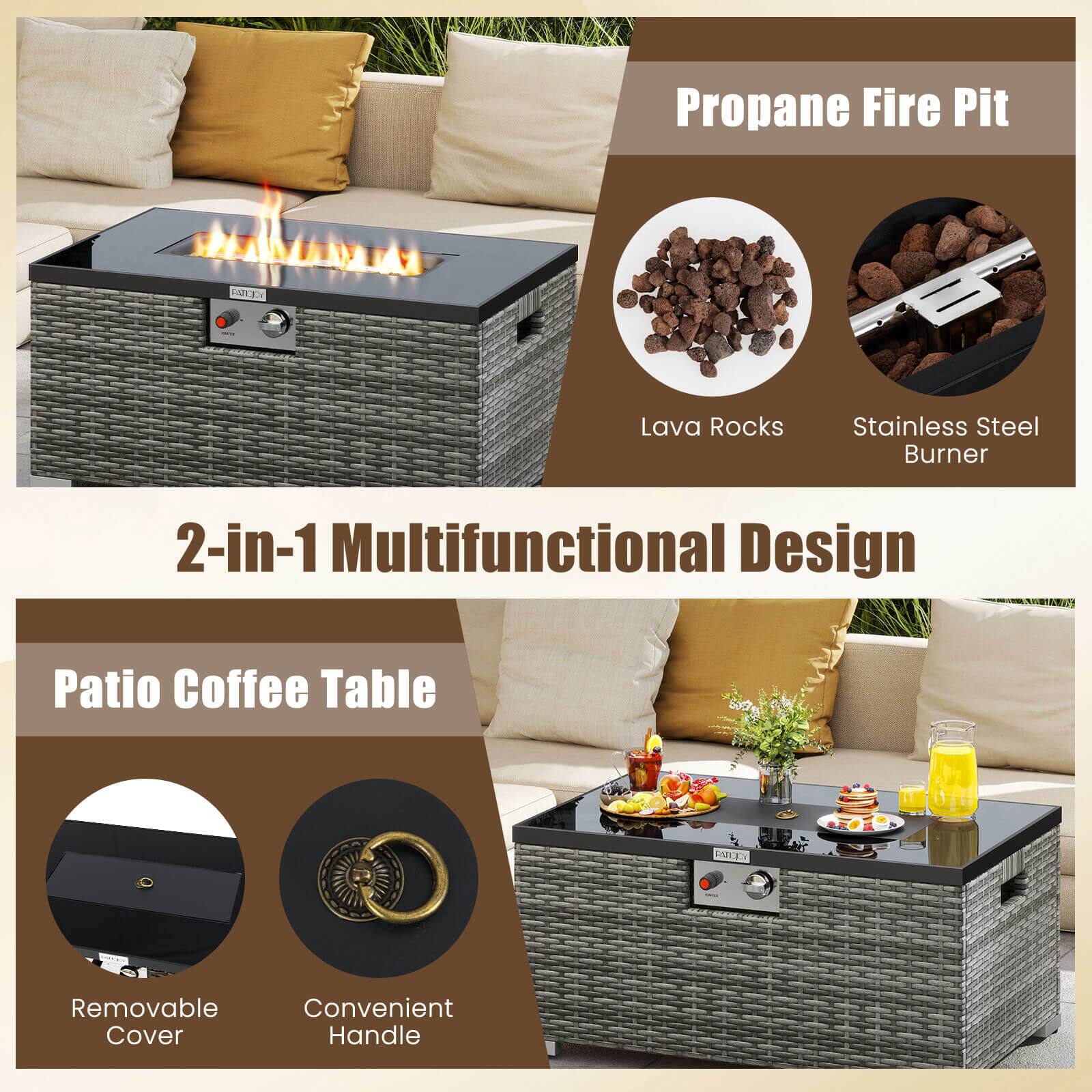 Propane Fire Pit  
Lava Rocks  
Stainless Steel Burner  

2-in-1 Multifunctional Design  

Patio Coffee Table  
Removable Cover  
Convenient Handle
