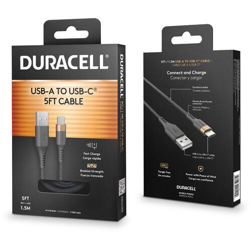 DURACELL  
USB-A TO USB-C®  
5FT CABLE  

5FT  
1.5M  

For Charge  
Carga rápida  
Fuerza trenzado  

DURACELL  
USB-A TO USB-C®  
CABLE  

5FT / 1.5M USB-A TO USB-C® CABLE  
Connect and Charge  
Conectar y cargar  

Braided Strength  
Fuerzo trenzado  

Power Peace of Mind  
Carga de confianza  

DURACELL  
5FT  
1.5M
