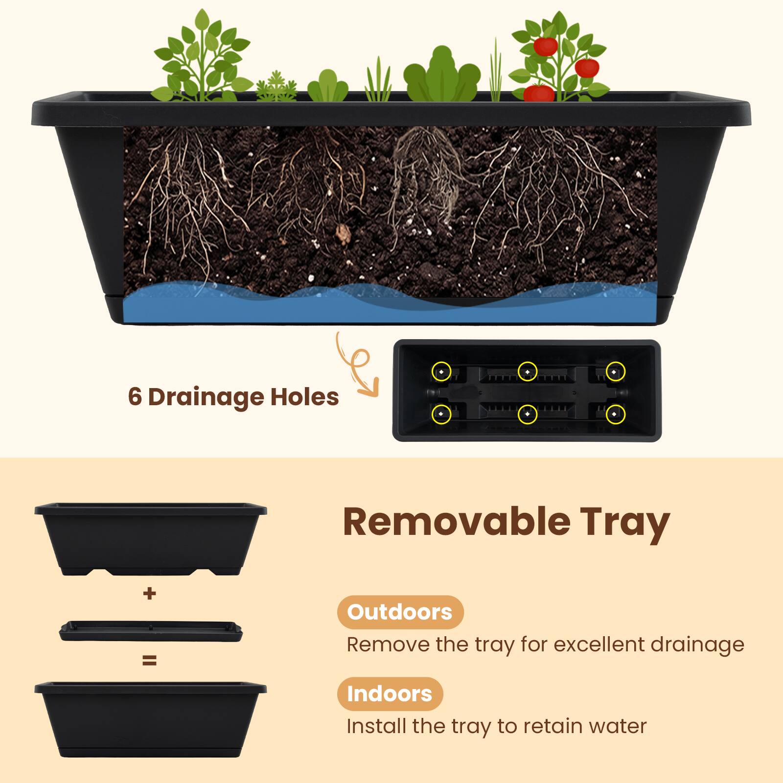 6 Drainage Holes

Removable Tray

Outdoors
Remove the tray for excellent drainage

Indoors
Install the tray to retain water