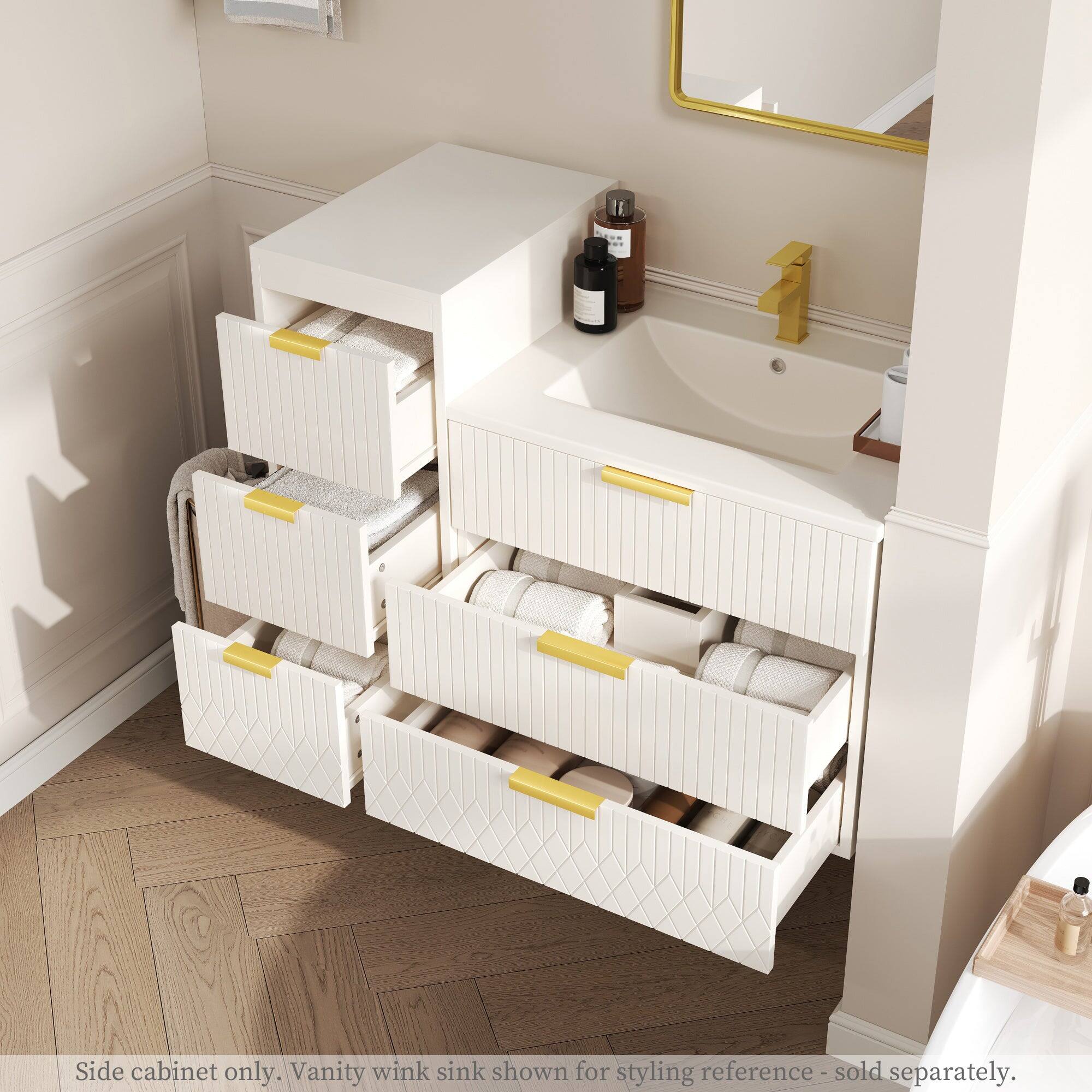 Side cabinet only. Vanity wink sink shown for styling reference - sold separately.