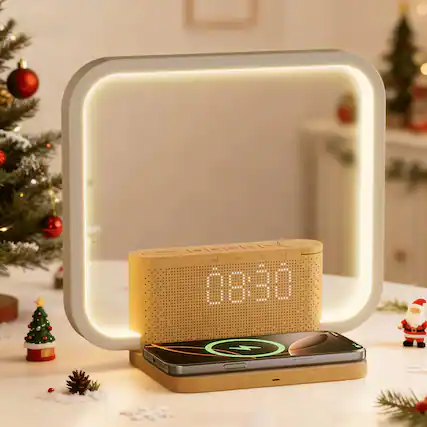Front. Dazzed Corner - Sunrise Alarm Clock with Wireless Charging, Touch Desk Lamp - Light Wood.