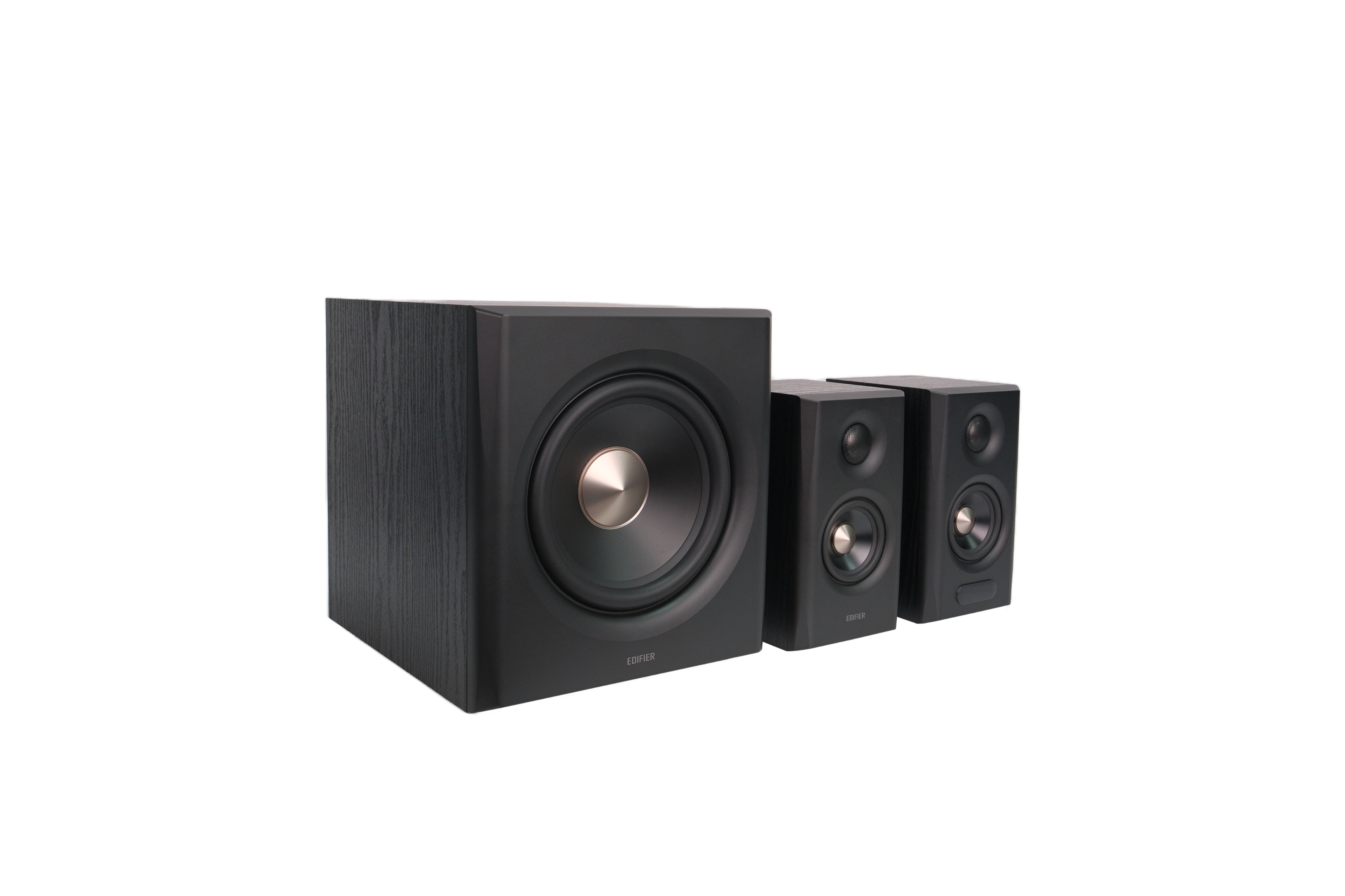Left. Edifier - S355DB Tri-amped 2.1 speaker system with wireless subwoofer, high-fidelity sound and versatile connectivity, Black - Black.