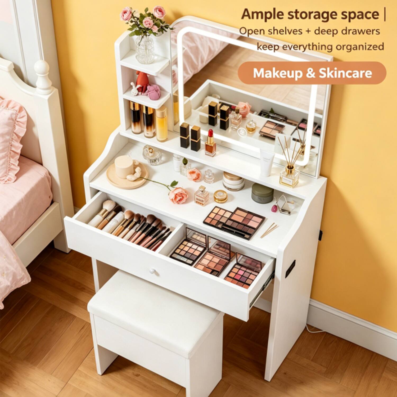 Ample storage space  
Open shelves + deep drawers keep everything organized  
Makeup & Skincare
