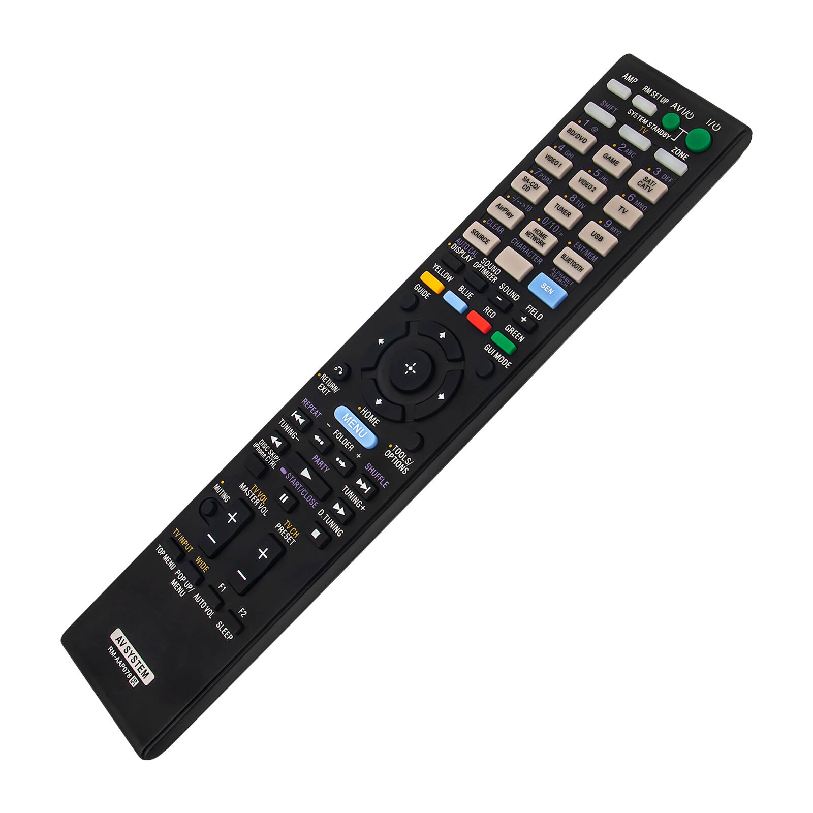 AMP SHIFT RM SETUP SYSTEM STANDBY UVA 110 4 BD/DVD VIDEO1 GM GAME 2ABC ZONE CO SACDI PORS VIDEO2 CATV BATI DEF 9 AirPlay 10 TUNER TUV TV MNO SOURCE CLEAR NETWORK HOME 0/10/- USB 1,000 DISPLAY SOUND CHARACTER ER BLUETOOTH ENT/MEM YELLOW %( GUIDE BLUE SOUND SEN RED + FIELD GREEN GUI MODE EXIT RETURNI REPEAT HOME pisc TUNING- FOLDER MENU PARTY TOOLS/ MUTING START/CLOSE SHUFFLE X MASTERVOL " TUNING+ TV VINPUT I PRESET TVCH CH D.TUNING TOP TOP MENU X WHVW / MENU POP UP/ F1 AUTO VOL F2 AV SLEEP