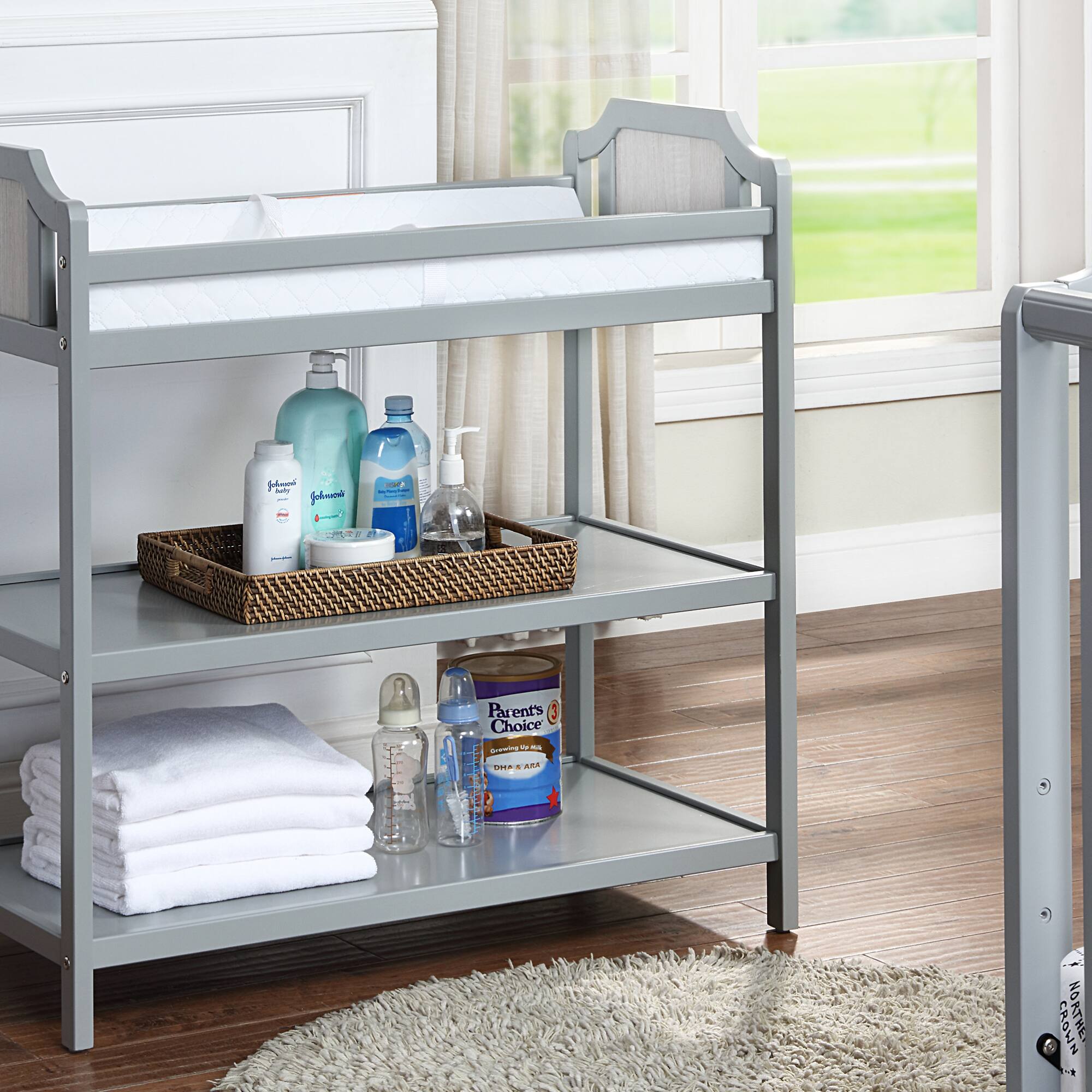 Front. GOODSILO - Modern Gray Wooden Baby Changing Table with Safety Rails and Open Shelf Storage for Nursery Organization - Grey.