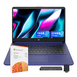 HP - Stream 14" HD Laptop, Intel Celeron N4120, 16GB RAM, 64GB eMMC,Win 11 S,160GB Docking Station - Blue
