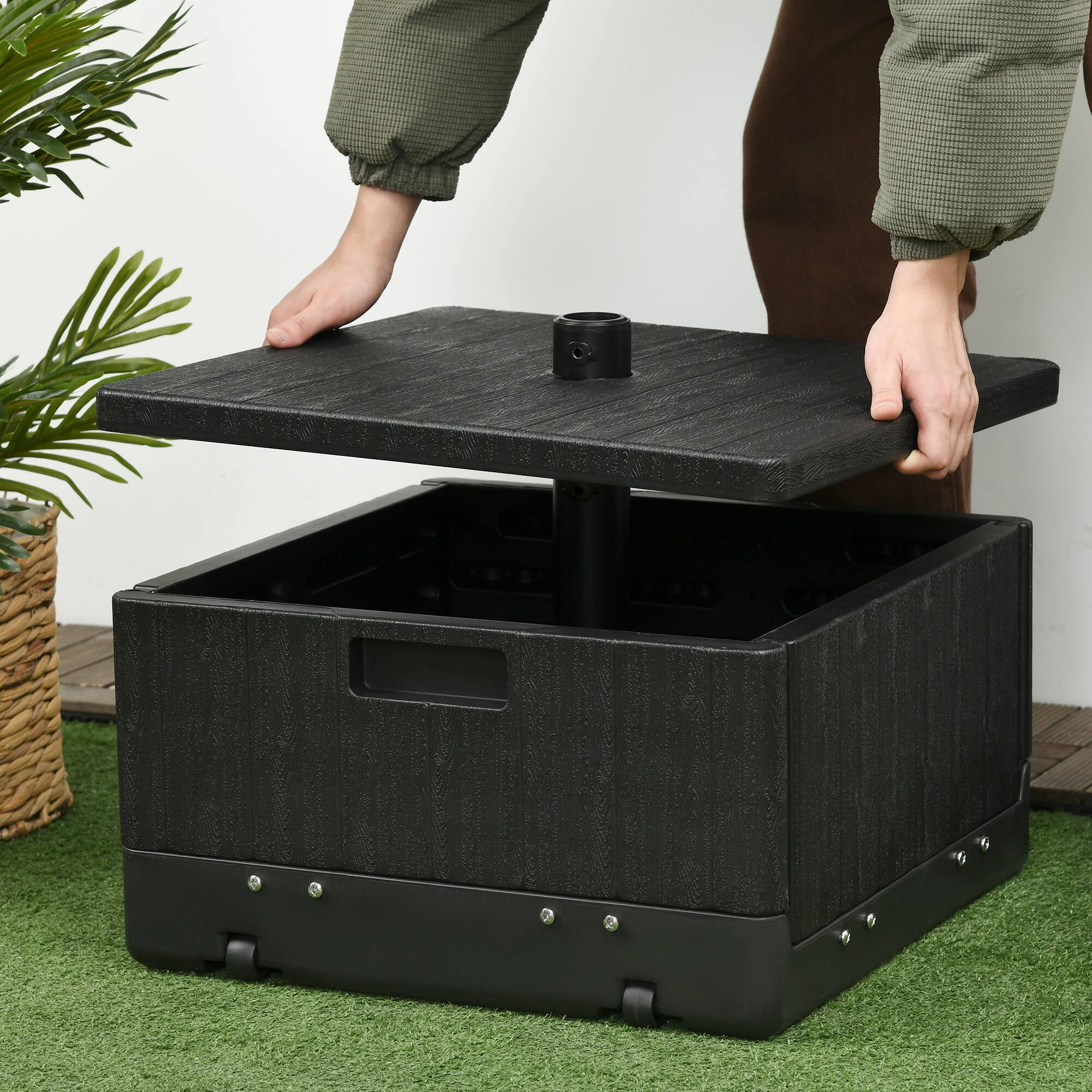 Alt View 8. Outsunny - 3-in-1 Outdoor Umbrella Base, Coffee End Table, Planter Box with Drain Hole - Black.