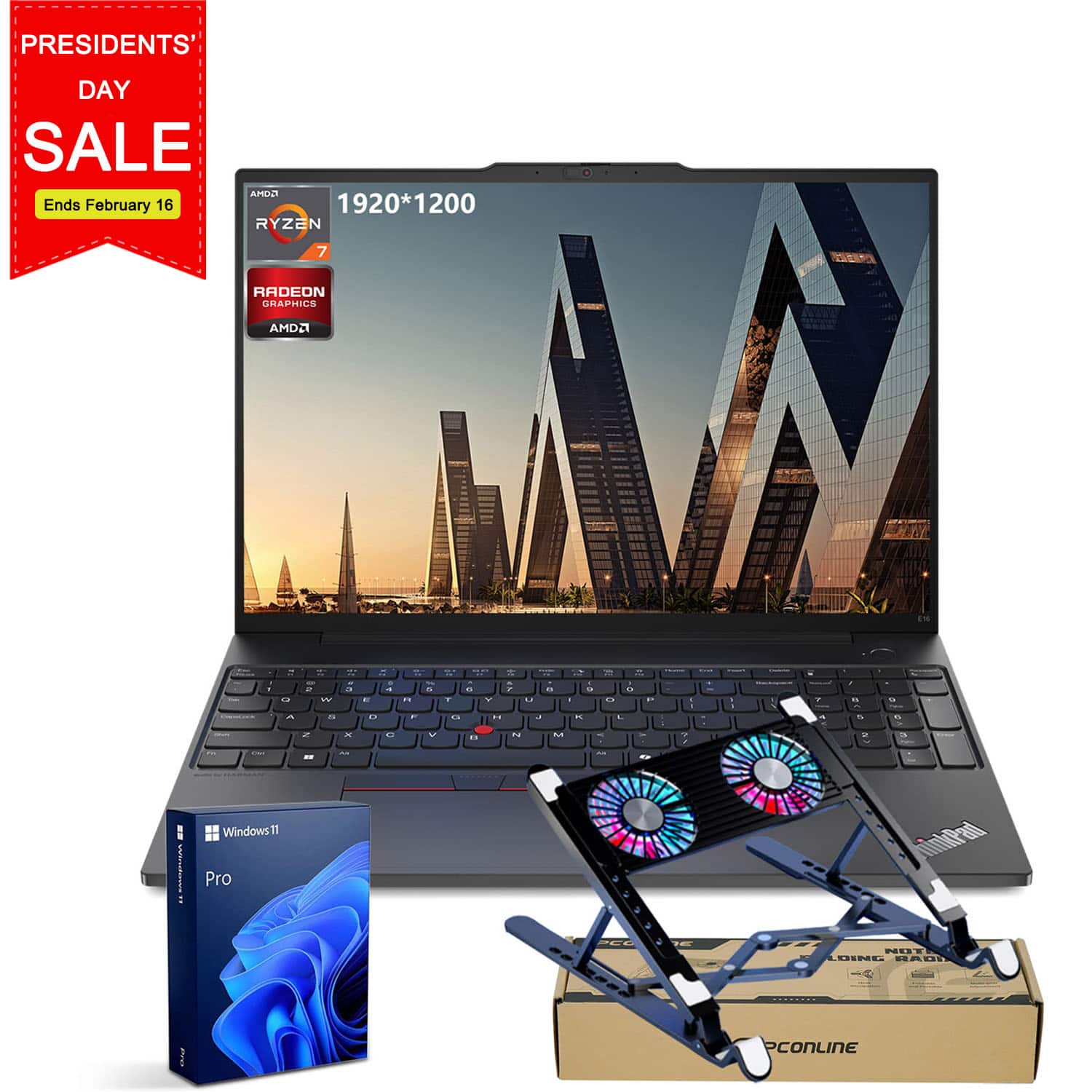 Lenovo - E16 16" Laptop FHD+ (1920 x 1200) - AMD Ryzen 7 7735U with 32GB RAM - 1TB Solid State Drive - with PCO Laptop Cooler - Black