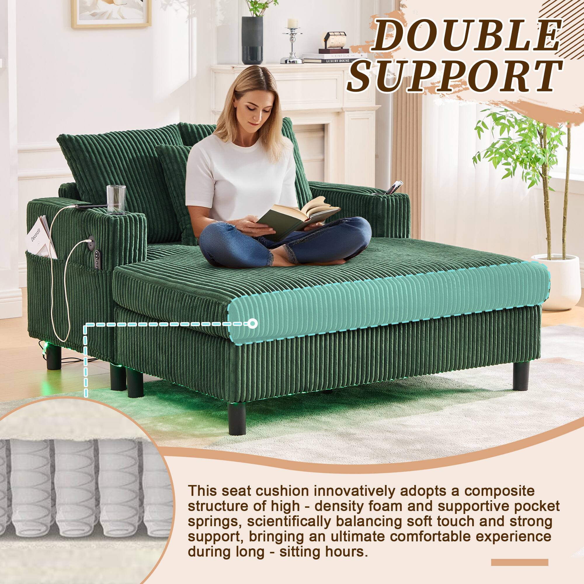 **DOUBLE SUPPORT**

This seat cushion innovatively adopts a composite structure of high-density foam and supportive pocket springs, scientifically balancing soft touch and strong support, bringing an ultimate comfortable experience during long-sitting hours.