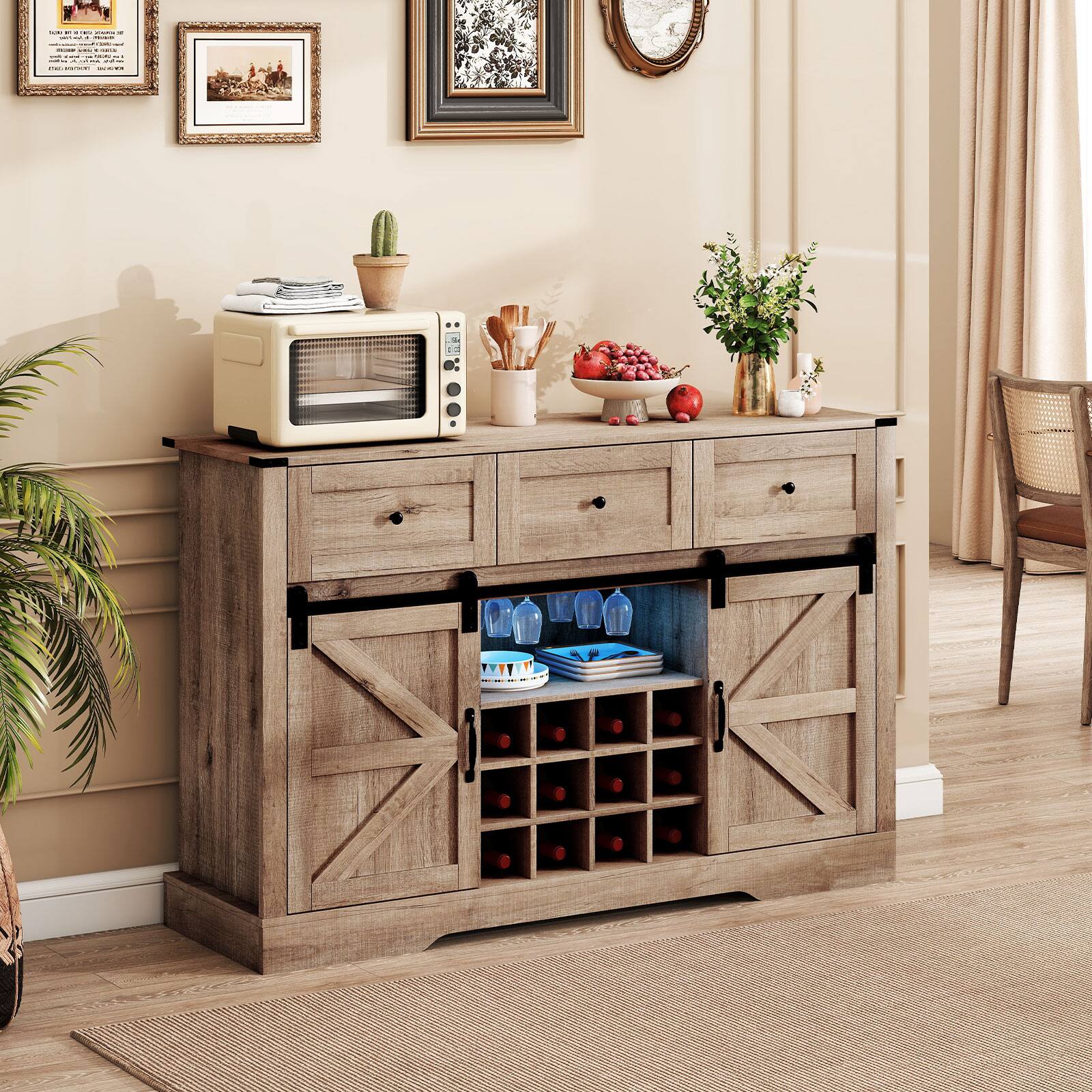 Alt View 5. Gymax - Gymax Wine Bar Cabinet w/LED Lights & Doors Coffee Station w/ Adjustable Shelves Racks Gray - Gray.