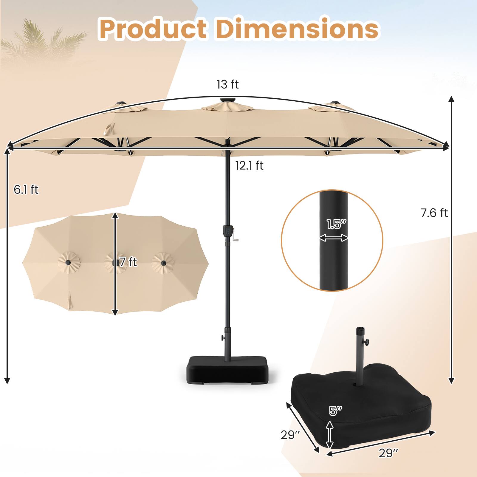 Product Dimensions
13 ft
12.1 ft
6.1 ft
1.5"
7.6 ft
7 ft
5"
29"
29"