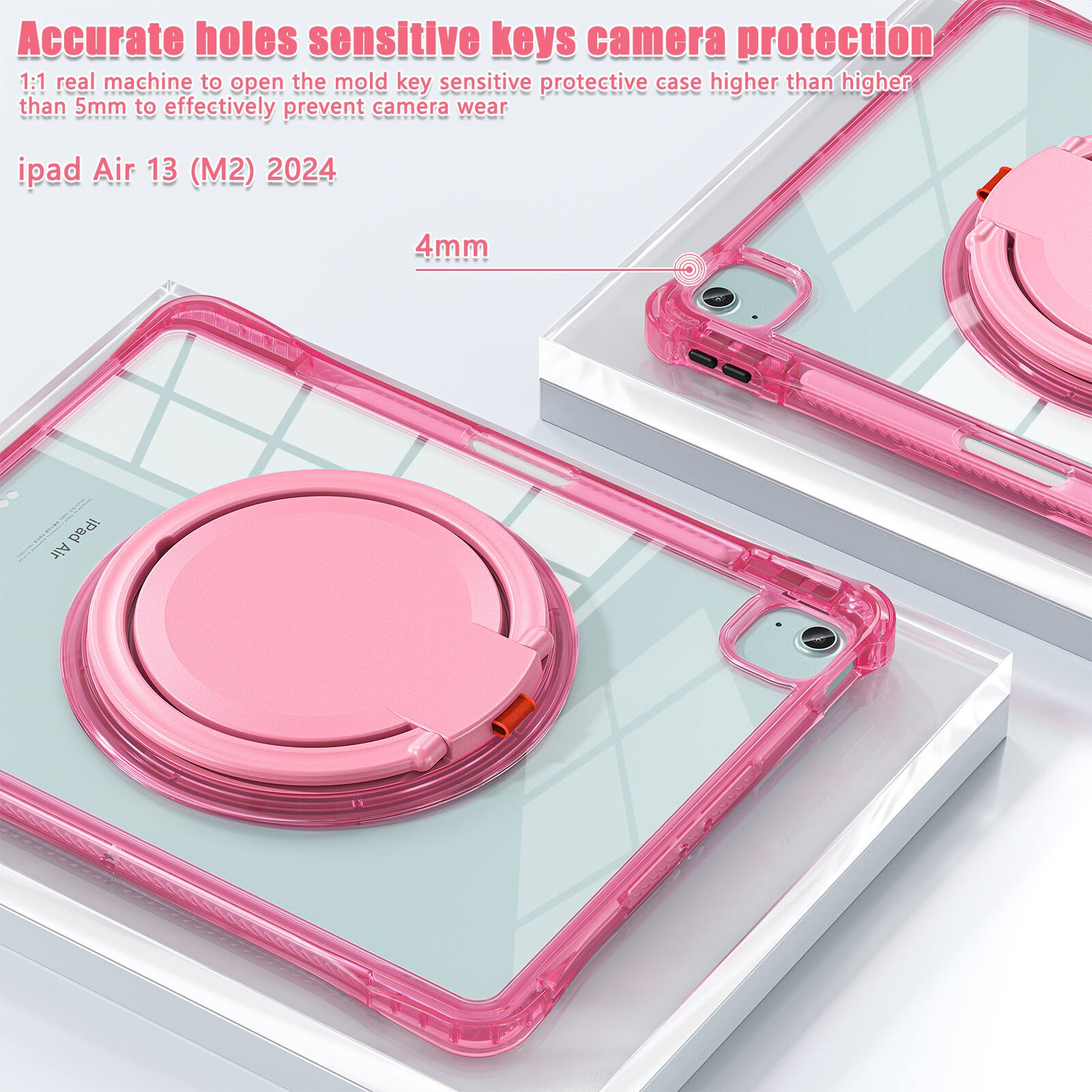 Accurate holes sensitive keys camera protection  
1:1 real machine to open the mold key sensitive protective case higher than higher than 5mm to effectively prevent camera wear  
iPad Air 13 (M2) 2024  
4mm