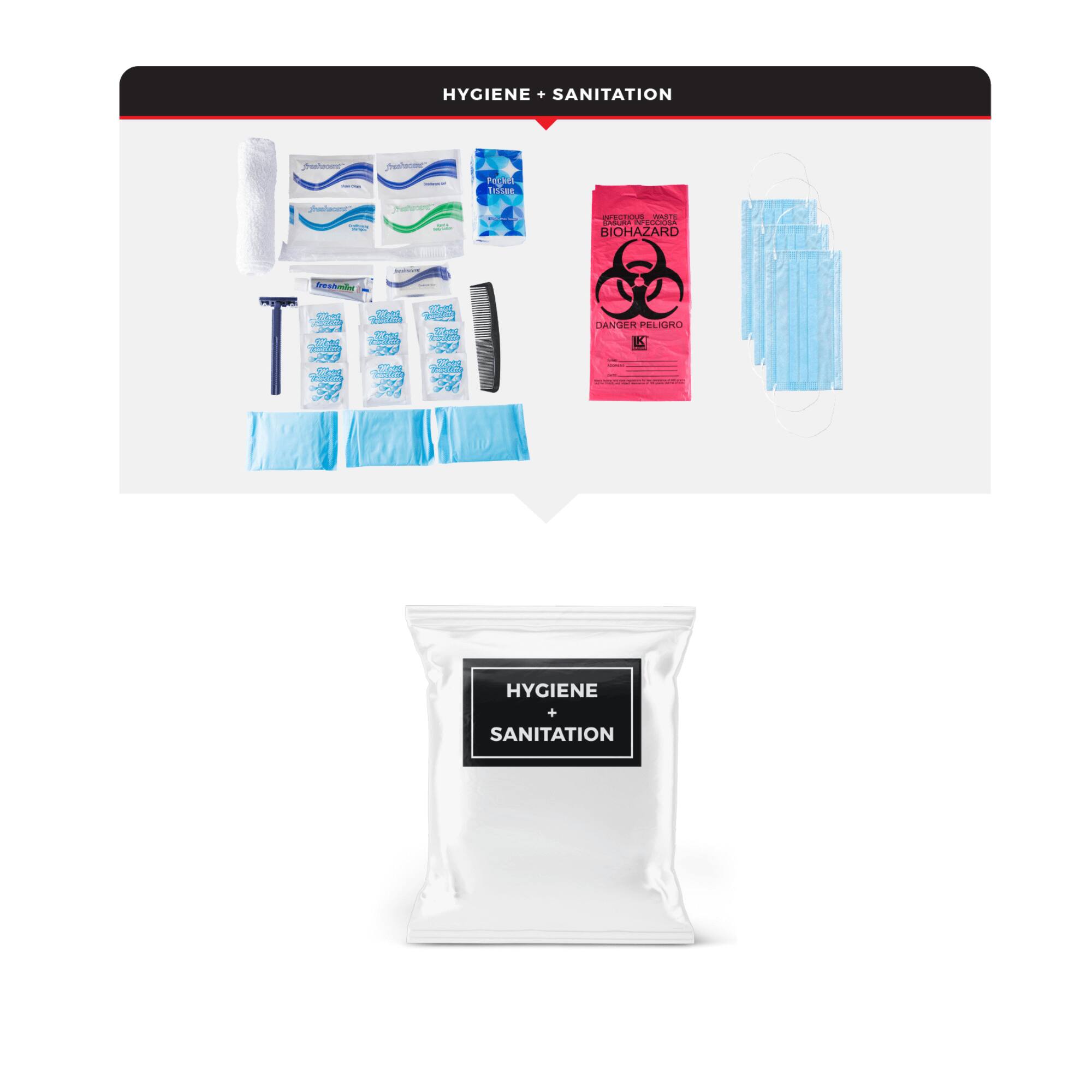 HYGIENE + SANITATION

- Disposable gloves
- Hand sanitizer
- Face masks
- Biohazard bag
- Sanitary wipes

HYGIENE + SANITATION