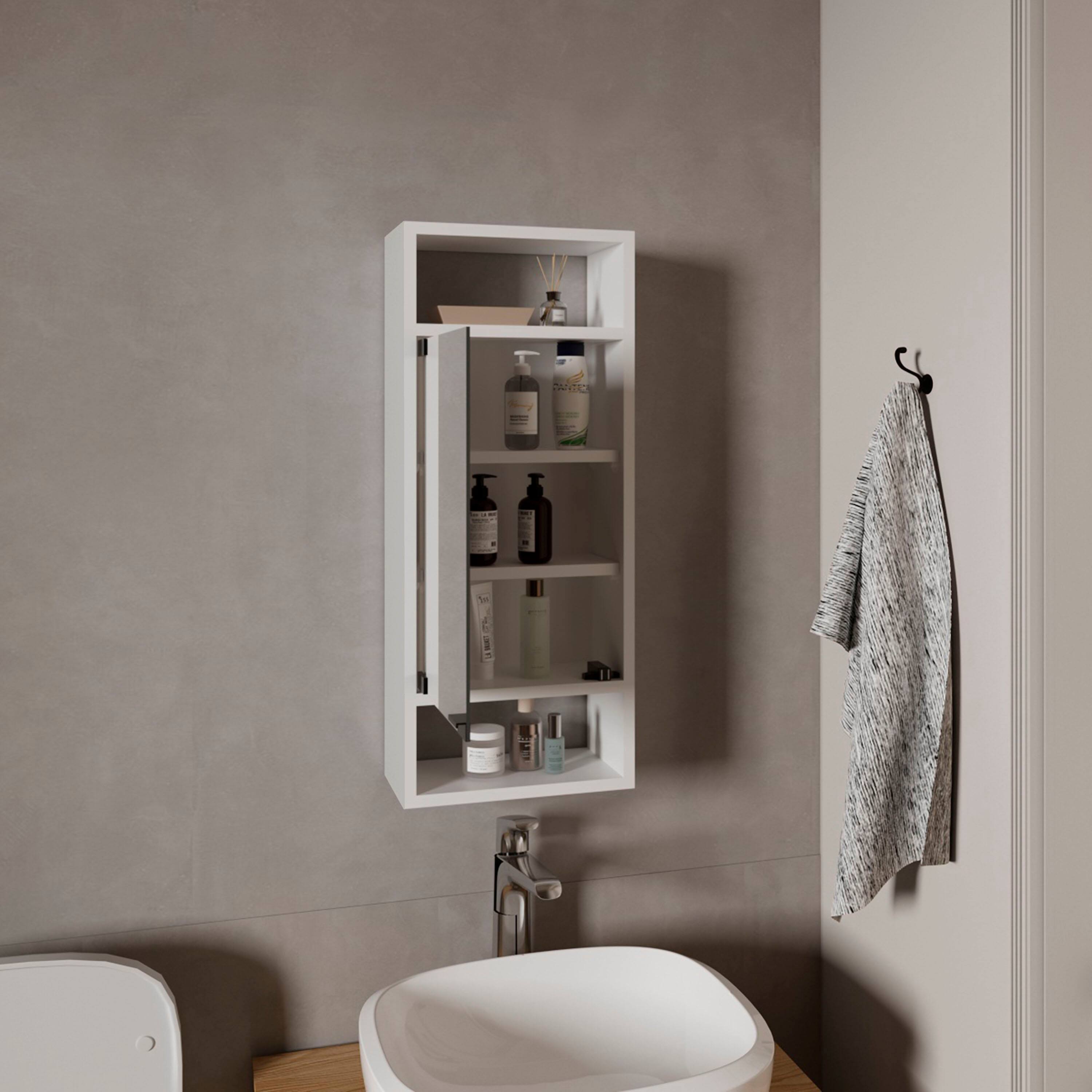 Left. TuHome - Uros Wall-Mounted Mirror Medicine Cabinet With One Door And Interior Storage Shelves - White.
