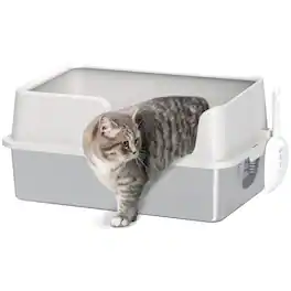 Pawhut - Litter Box, Cat Litter Box, High Side, Kitten Litterbox for Big Cats with Scoop, Easy Cleaning & Anti-Urine Leakage - Light Gray
