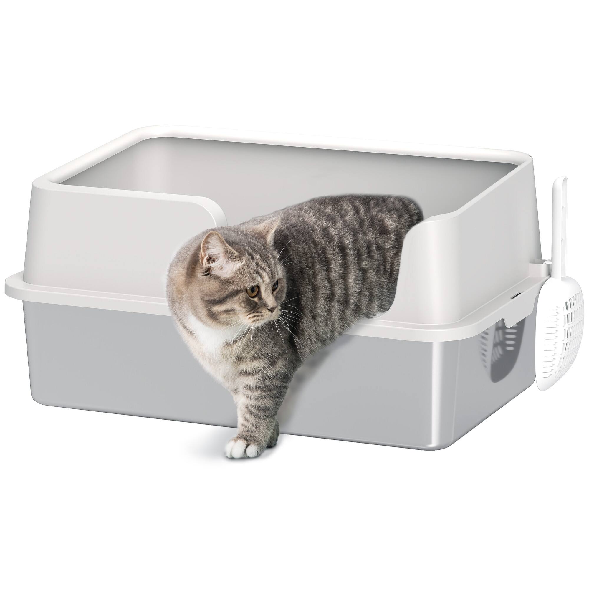 Front. Pawhut - Litter Box, Cat Litter Box, High Side, Kitten Litterbox for Big Cats with Scoop, Easy Cleaning & Anti-Urine Leakage - Light Gray.