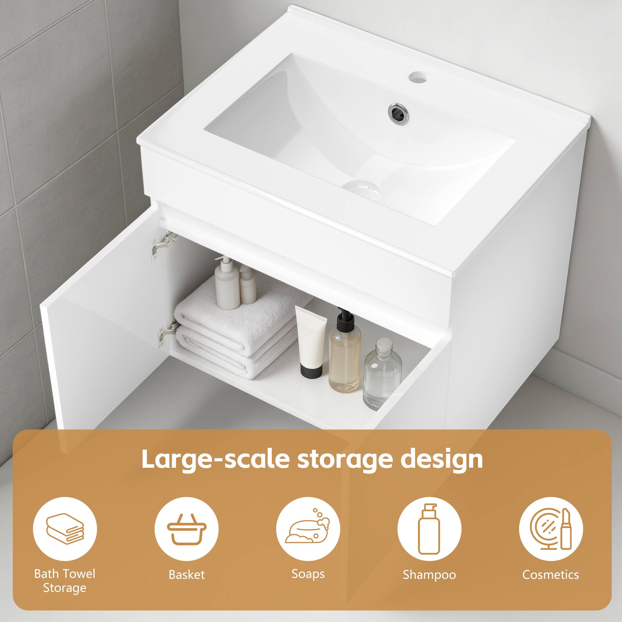 Large-scale storage design  
Bath Towel Storage  
Basket  
Soaps  
Shampoo  
Cosmetics