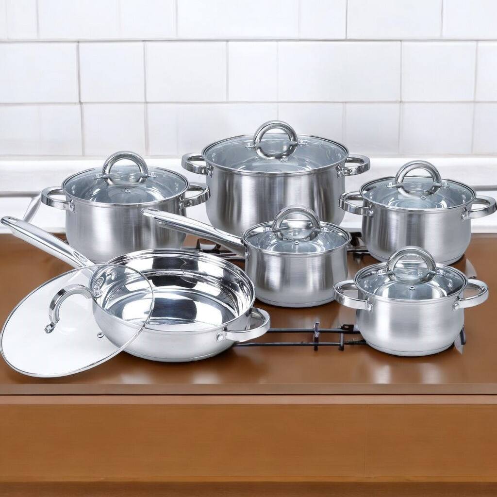 Angle. SlickBlue - Stainless Steel 12 Piece Cookware Set with Frying Pan and Saucepan for Home - Silver.