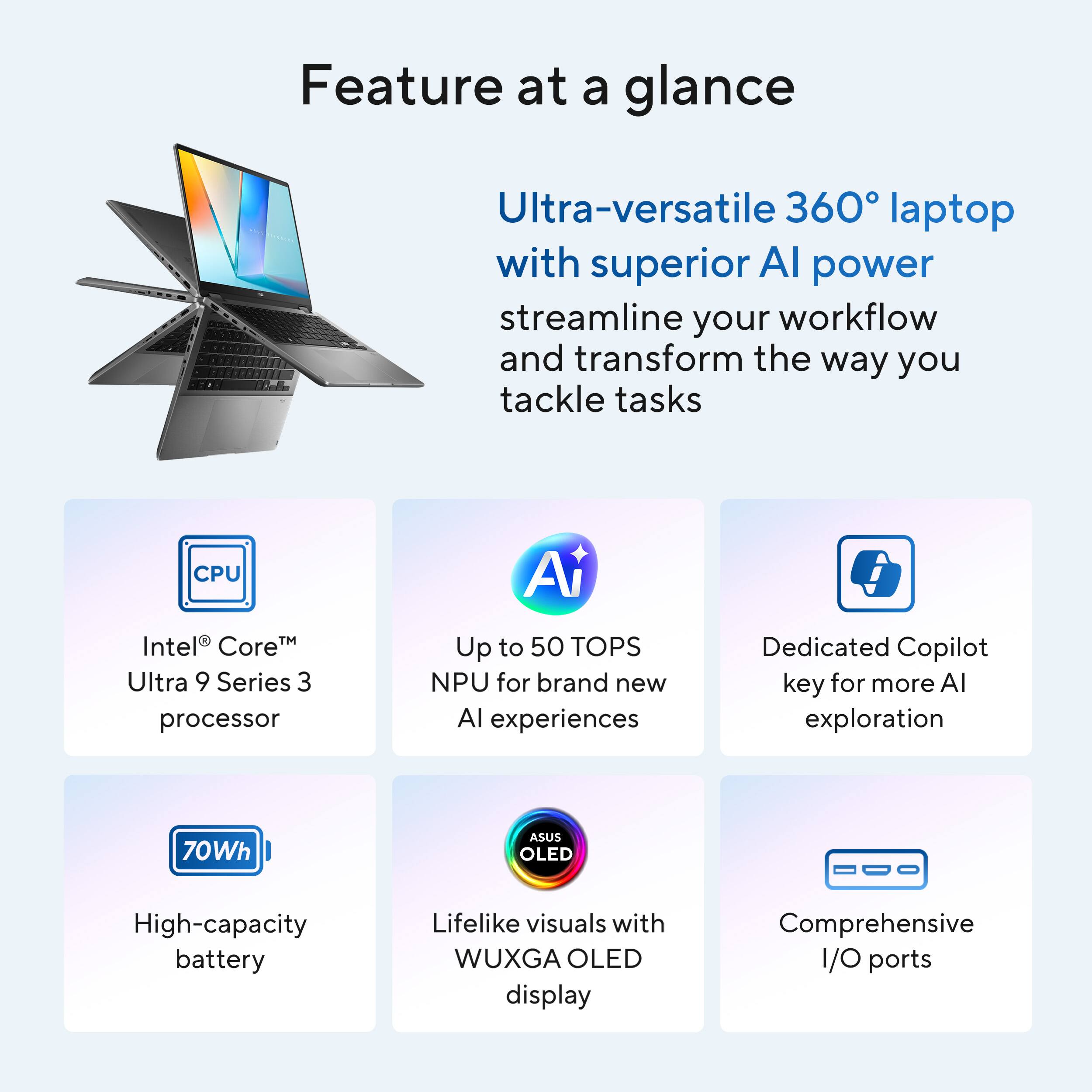 Feature at a glance

Ultra-versatile 360° laptop with superior AI power
streamline your workflow and transform the way you tackle tasks

- Intel® Core™ Ultra 9 Series 3 processor
- Up to 50 TOPS NPU for brand new AI experiences
- Dedicated Copilot key for more AI exploration
- 70Wh High-capacity battery
- Lifelike visuals with WUXGA OLED display
- Comprehensive I/O ports