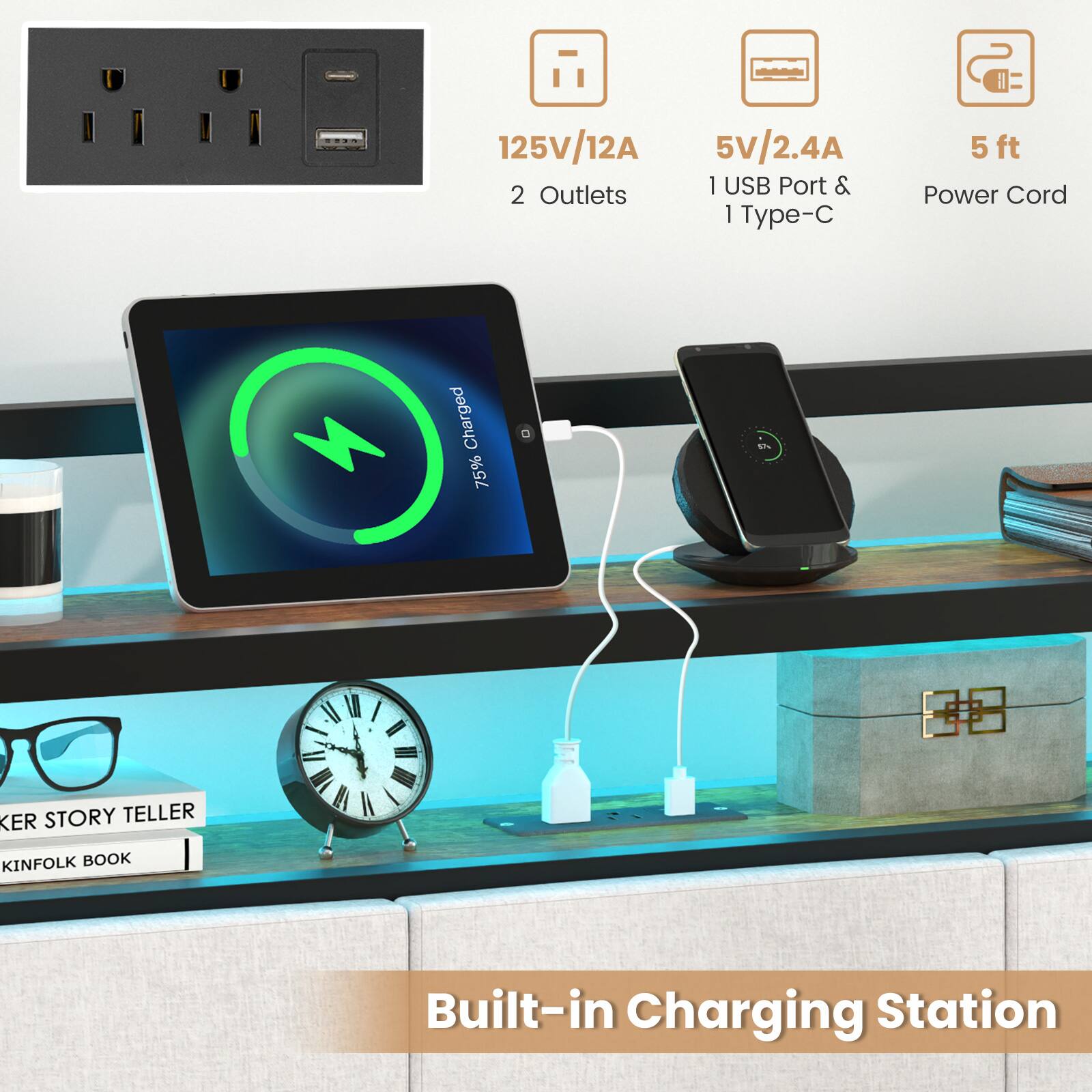 125V/12A, 5V/2.4A, 1 USB Port & 1 Type-C, 2 Outlets, 5ft Power Cord, Charged 75%, KER STORY TELLER, KINFOLK BOOK, Built-in Charging Station