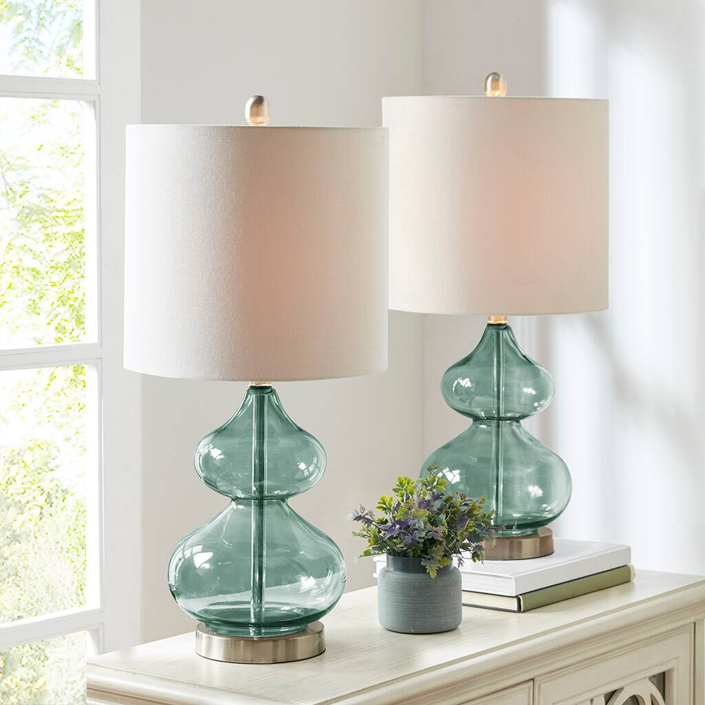 Left. HOMLUX - 25.25 in. Blue Curved Glass Table Lamp Integrated LED for Living Room, Set of 2.