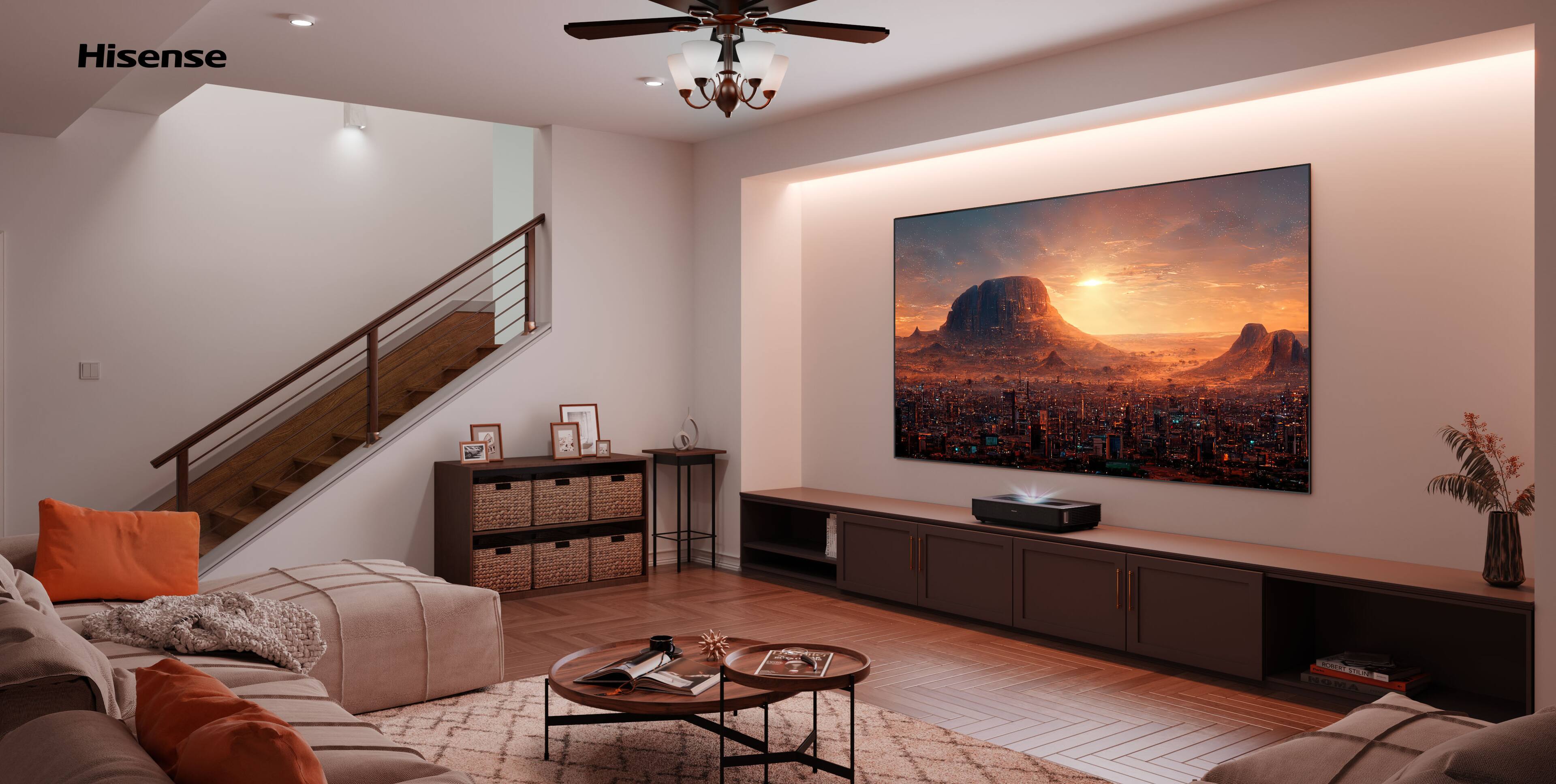 Hisense is a brand of electronics, including televisions, that are known for their quality and affordability. The image shows a living room with a large Hisense television mounted on the wall, which serves as the focal point of the space. The room is furnished with a couch and a coffee table, creating a comfortable and inviting atmosphere for relaxation and entertainment.