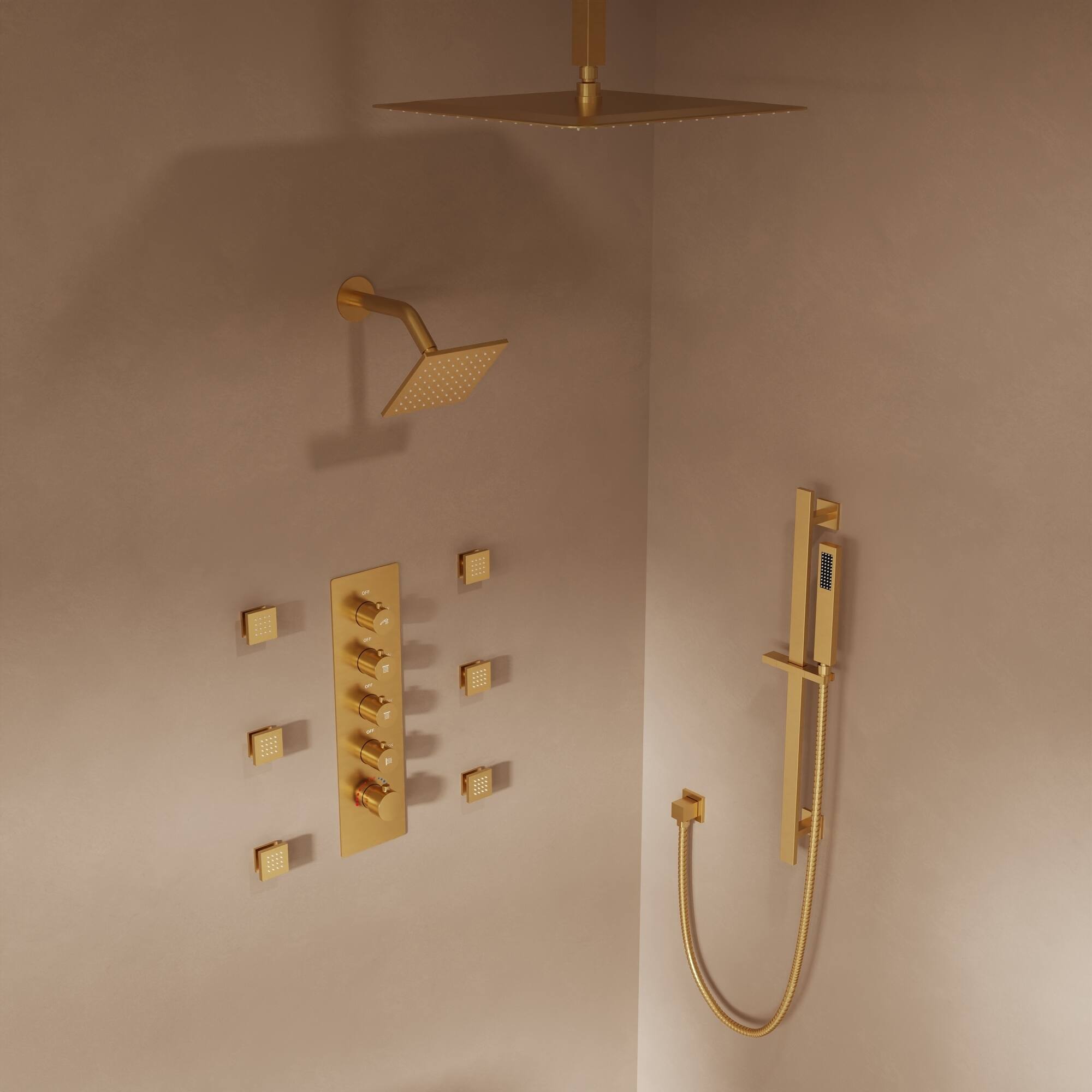 Alt View 8. GRANDJOY - 16" Thermostatic Shower System with Dual Rainfall Shower Heads, Handheld Sprayer, and Six Body Jets for Luxury Bathroom - Brushed Gold.