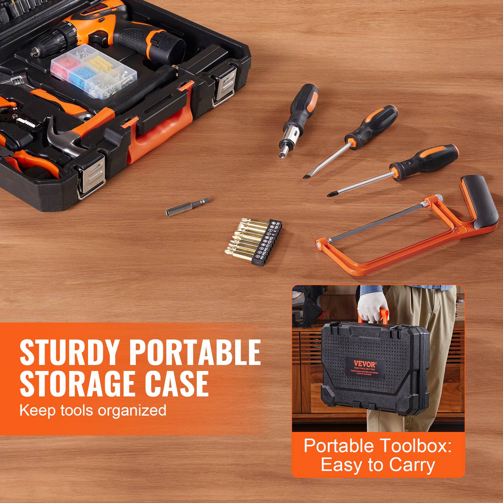 STURDY PORTABLE STORAGE CASE  
Keep tools organized  

Portable Toolbox: Easy to Carry
