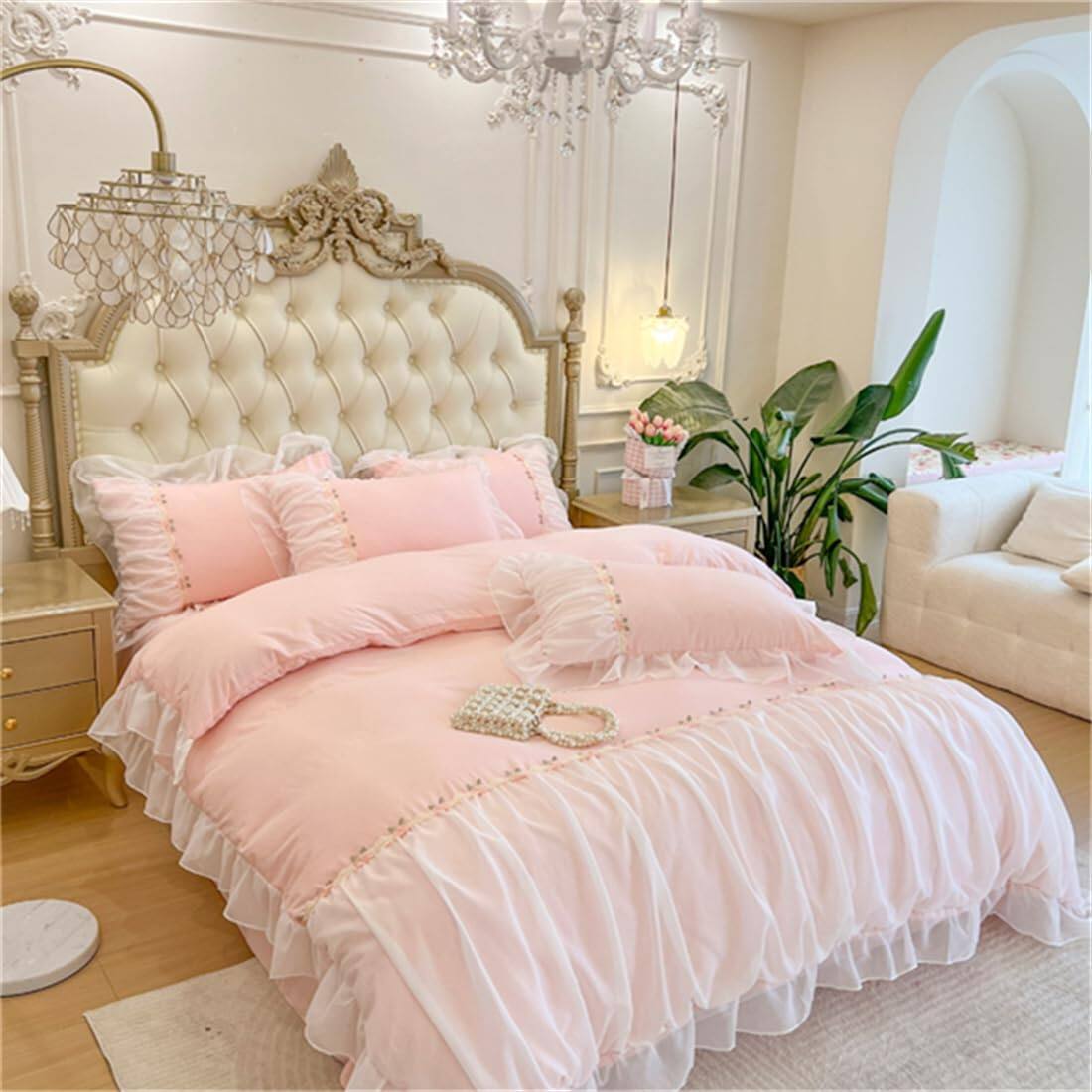 Left. Comfort Essence - Beddingromantic Ruffle Lace Bedding Set 2 Piece Comforter Duvet Cover With Zipper Closure Coquette Room - Pink-Twin.