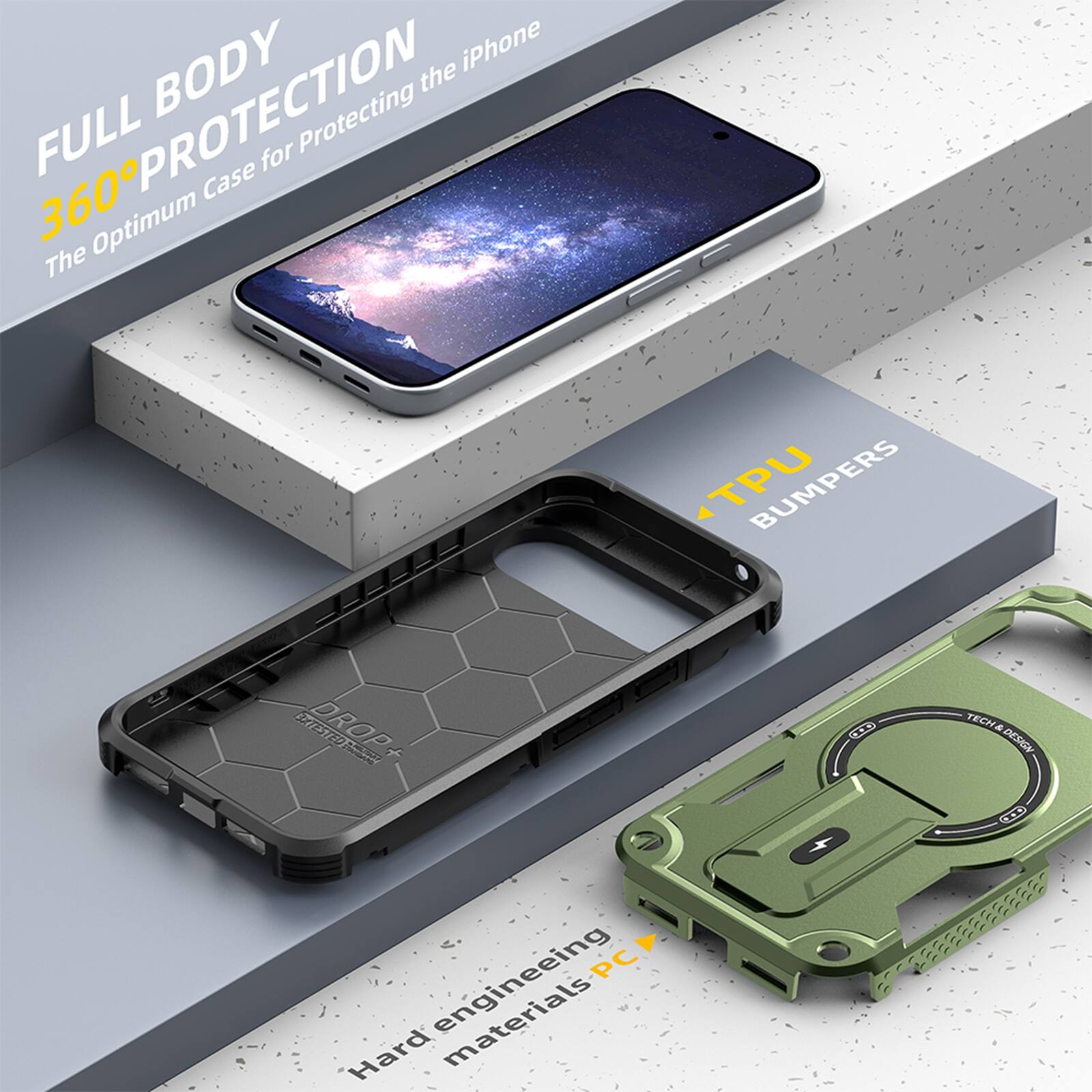 FULL BODY 360° PROTECTION  
The Optimum Case for Protecting the iPhone  

TPU BUMPERS  

Hard engineering materials PC  

DROP TESTED