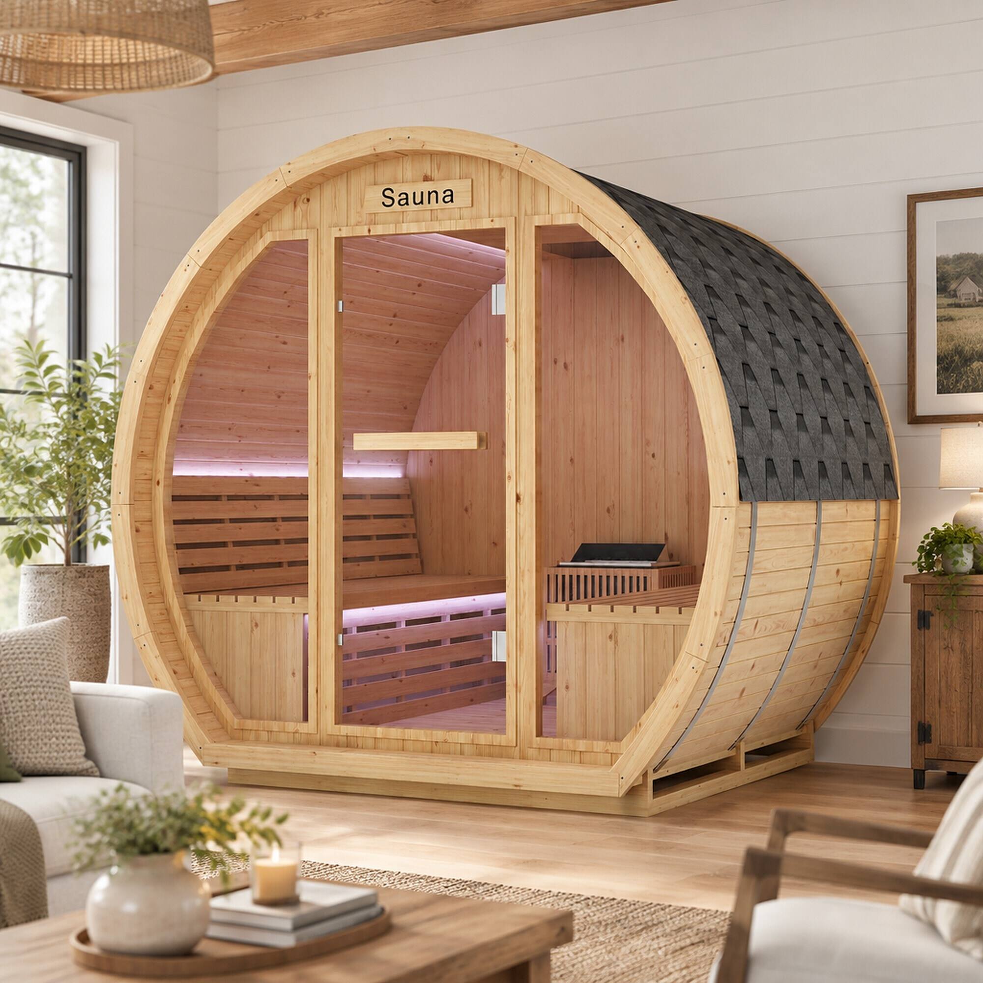 Alt View 1. RYHNUYNE - 9000W Outdoor Sauna Room, 240V Carbonized Spruce, 4-6 Person, 203 cm, Metal Stove, LED Lights - Ameican White Oak.