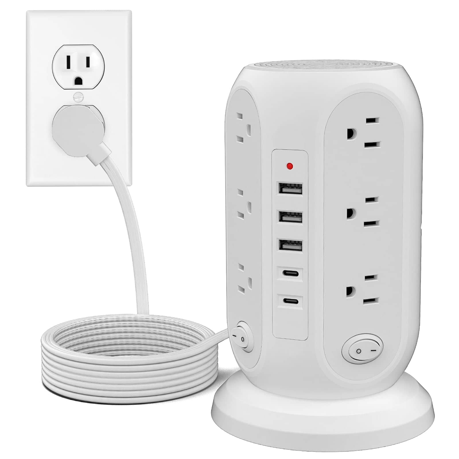 Dazzed Corner - Tower Power Strip, 12 Outlets & 5 USB Ports (2 USB-C), 10ft Surge Protector Cord - White