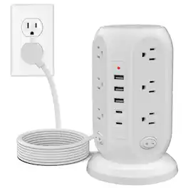 Dazzed Corner - Tower Power Strip, 12 Outlets & 5 USB Ports (2 USB-C), 10ft Surge Protector Cord - White