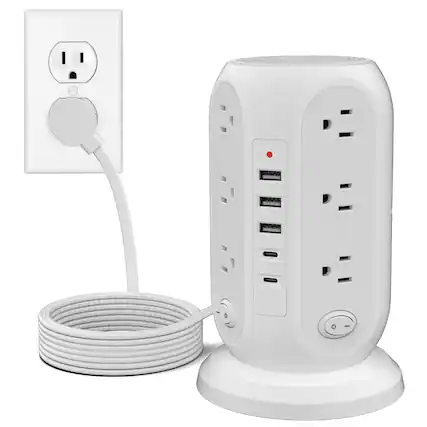 Front. Dazzed Corner - Tower Power Strip, 12 Outlets & 5 USB Ports (2 USB-C), 10ft Surge Protector Cord - White.