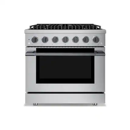 Front. Hauslane - HausPro 36 in. 6 Burners (20,000 BTU) Freestanding Dual Fuel Range with Convection Oven, Black Stainless Steel - Black Stainless Steel.