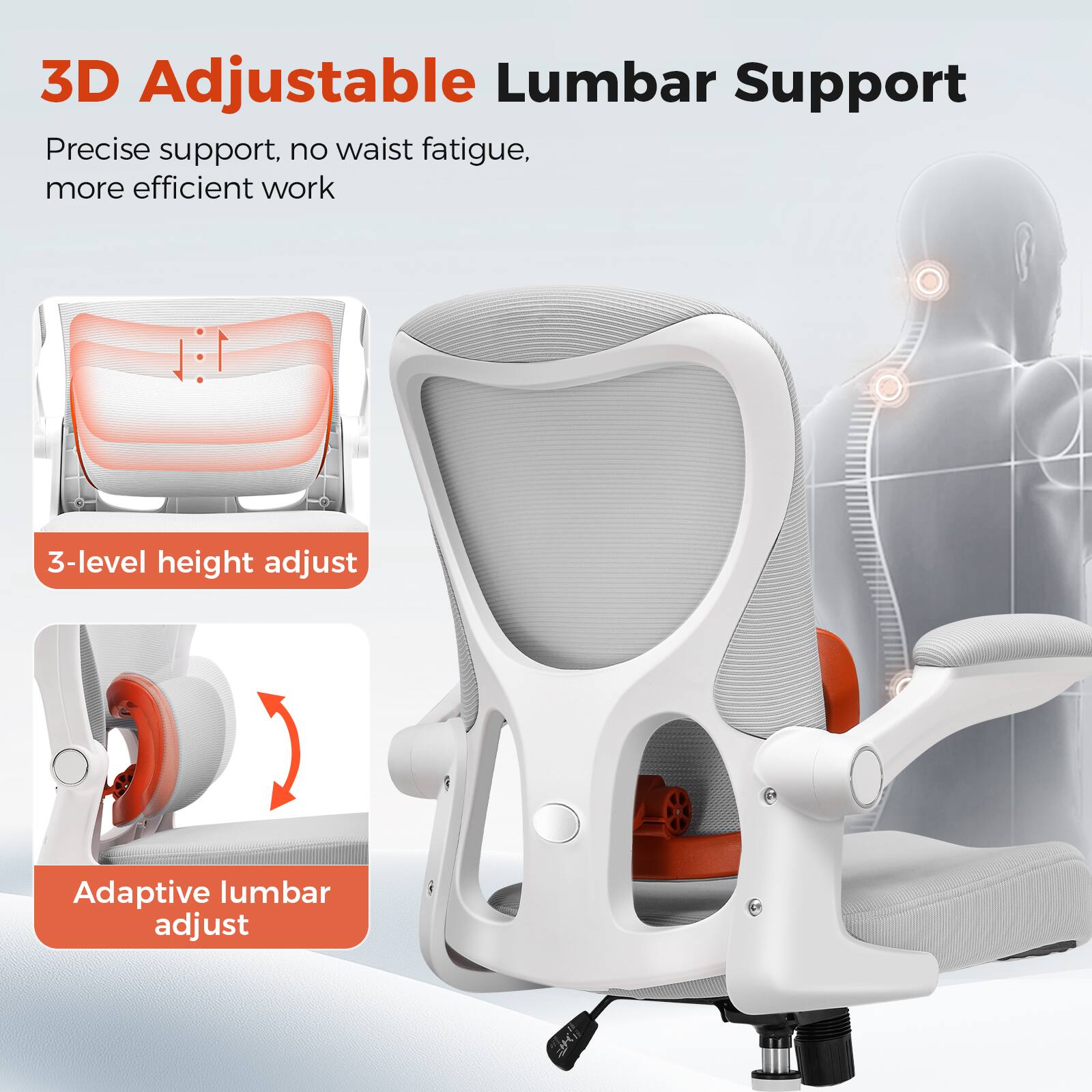 3D Adjustable Lumbar Support

Precise support, no waist fatigue, more efficient work

3-level height adjust

Adaptive lumbar adjust
