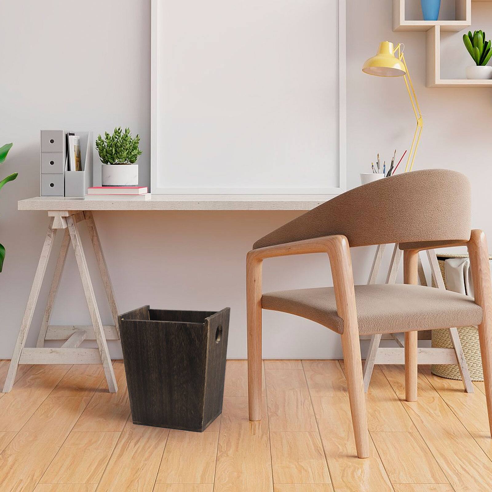 Alt View 3. Oumilen - Burnt Wood Waste Basket with Circular Cutout Handles, Tapered Wooden Trash Bin for Bathroom Bedroom Office.