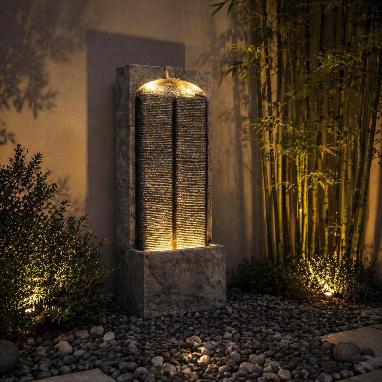 Left. RYHNUYNE - 39" H Outdoor Cascading Water Fountain with LED Lights – Resin Fiberglass Freestanding Water Feature with Quiet Pump.