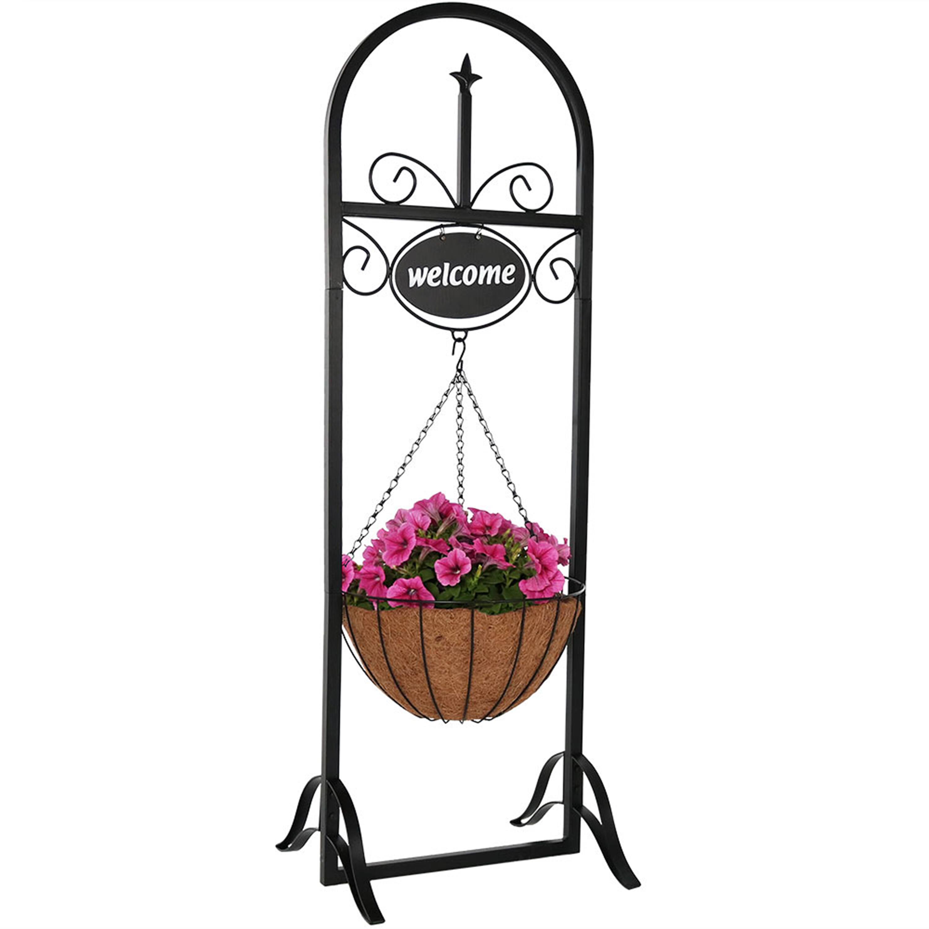 Sunnydaze - Iron Frame Hanging Basket Planter with Welcome Sign - 48 in - Black